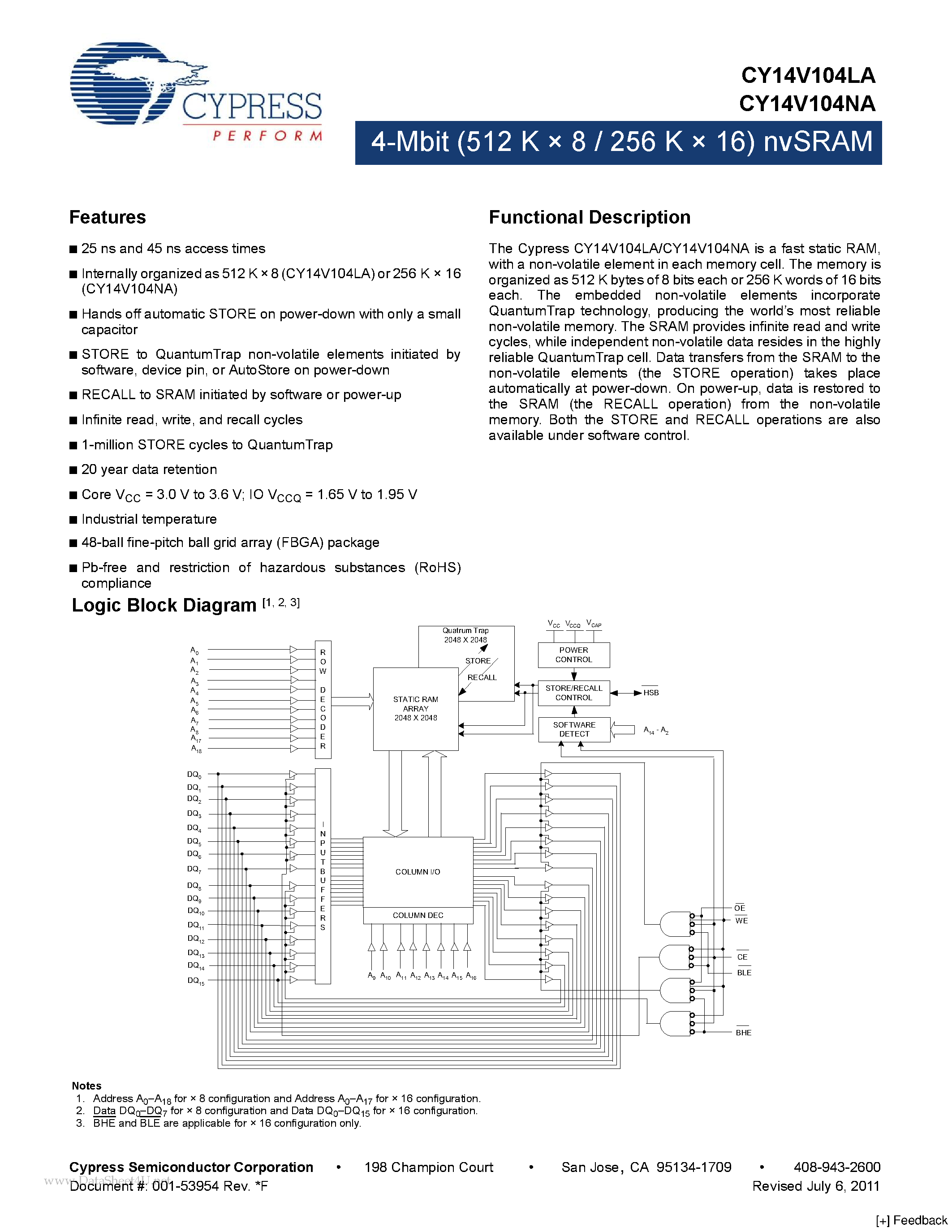 Даташит CY14V104LA - 4-Mbit (512 K x 8 / 256 K x 16) nvSRAM страница 1