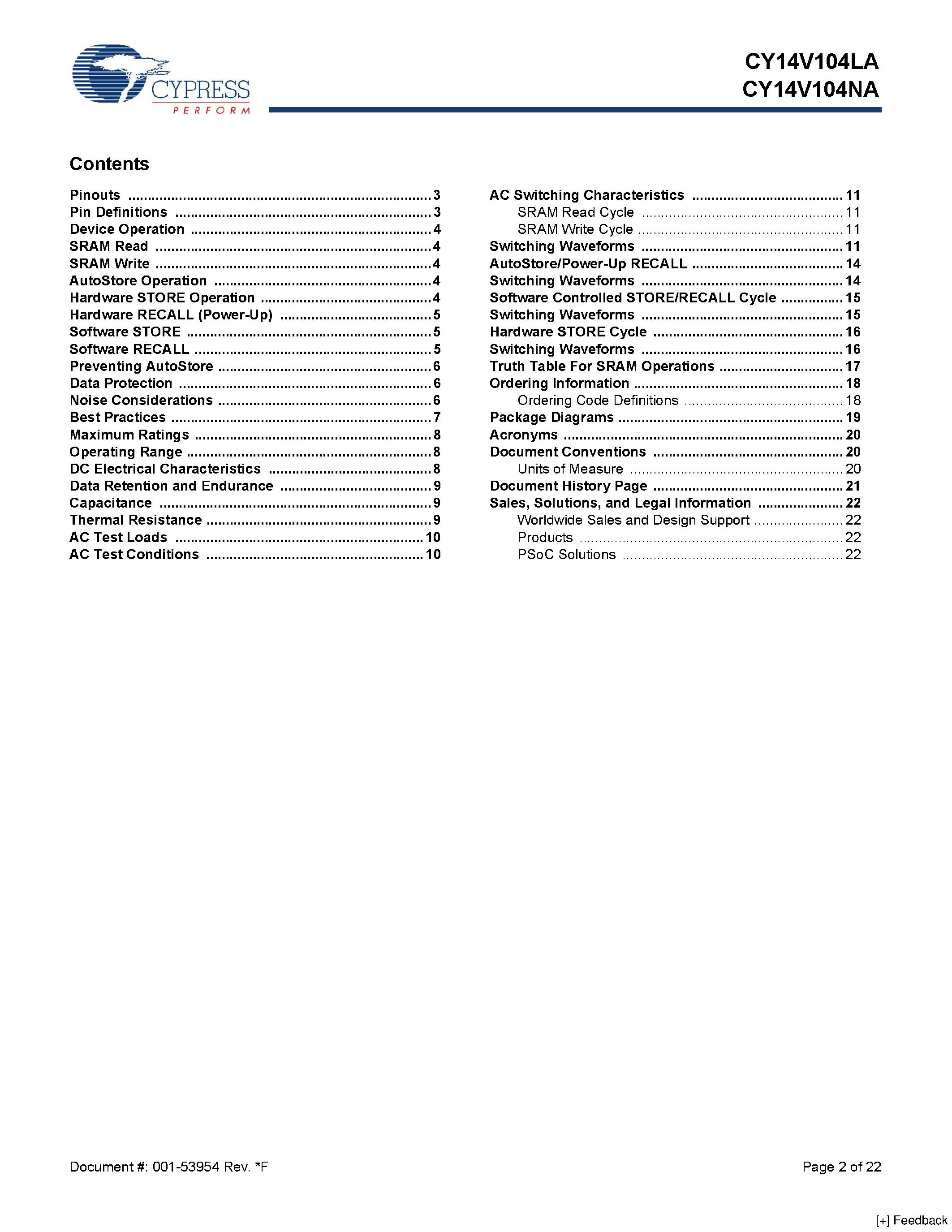 Даташит CY14V104LA - 4-Mbit (512 K x 8 / 256 K x 16) nvSRAM страница 2