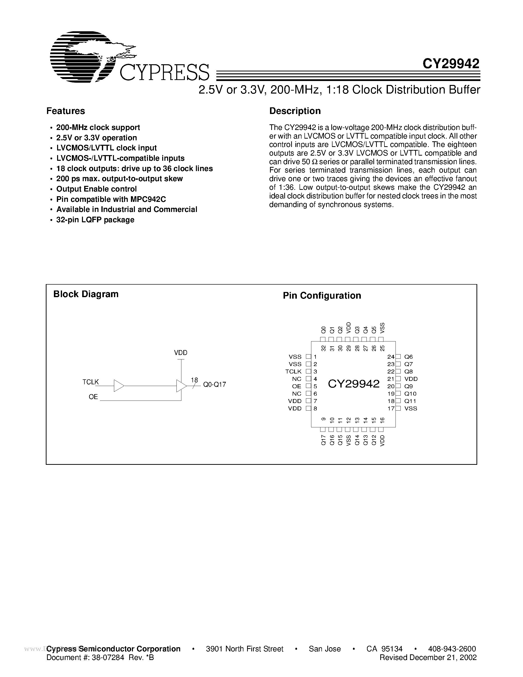 Даташит CY29942 - 1:18 Clock Distribution Buffer страница 1