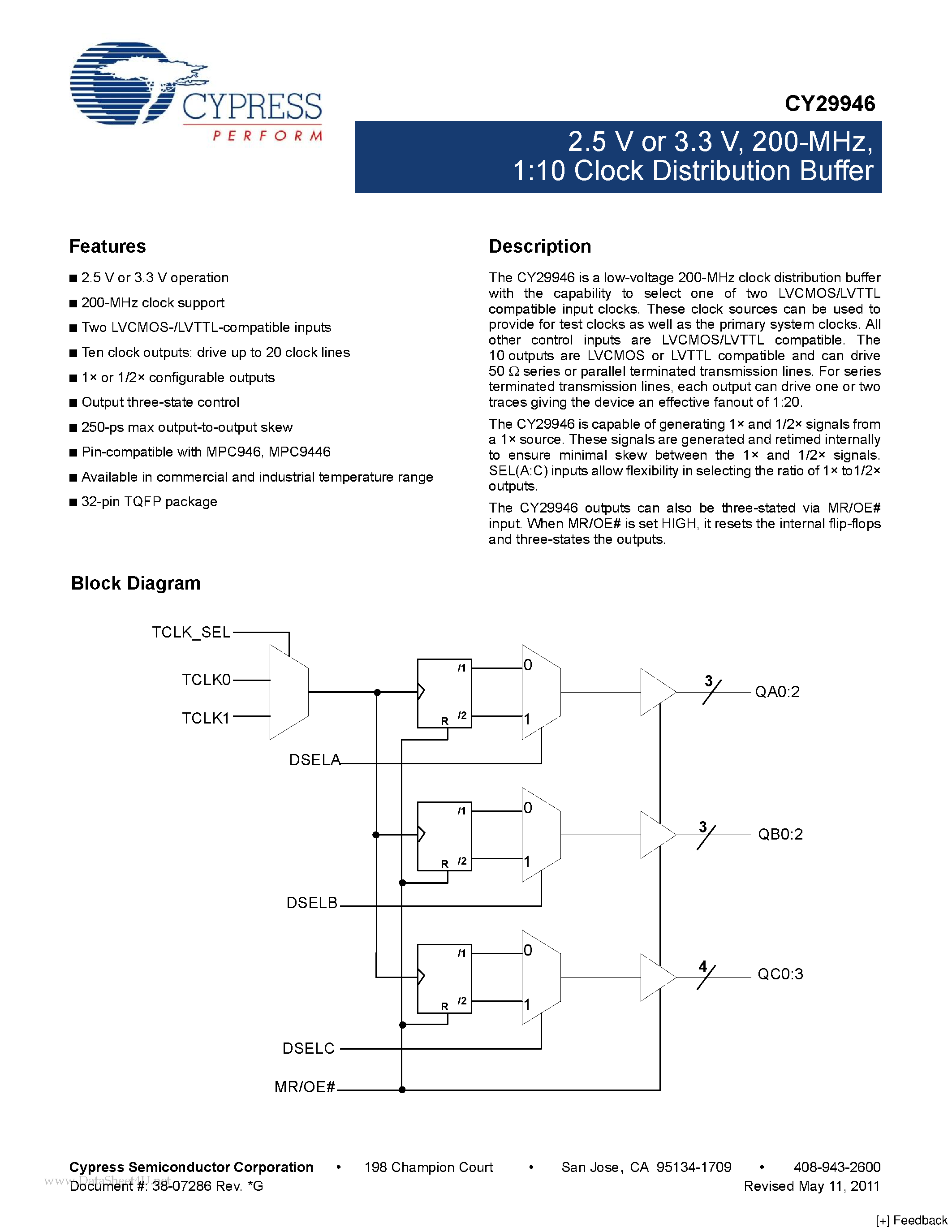 Даташит на микросхему CY29946 страница 1 Даташит CY29946 - 1:10 Clock Distribution Buffer страница 1