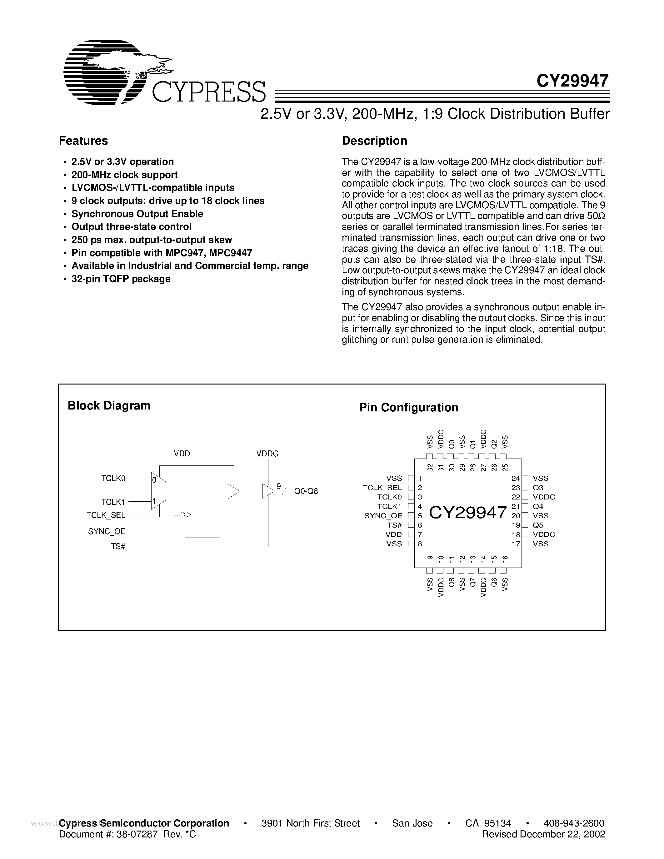 Даташит CY29947 - 1:9 Clock Distribution Buffer страница 1