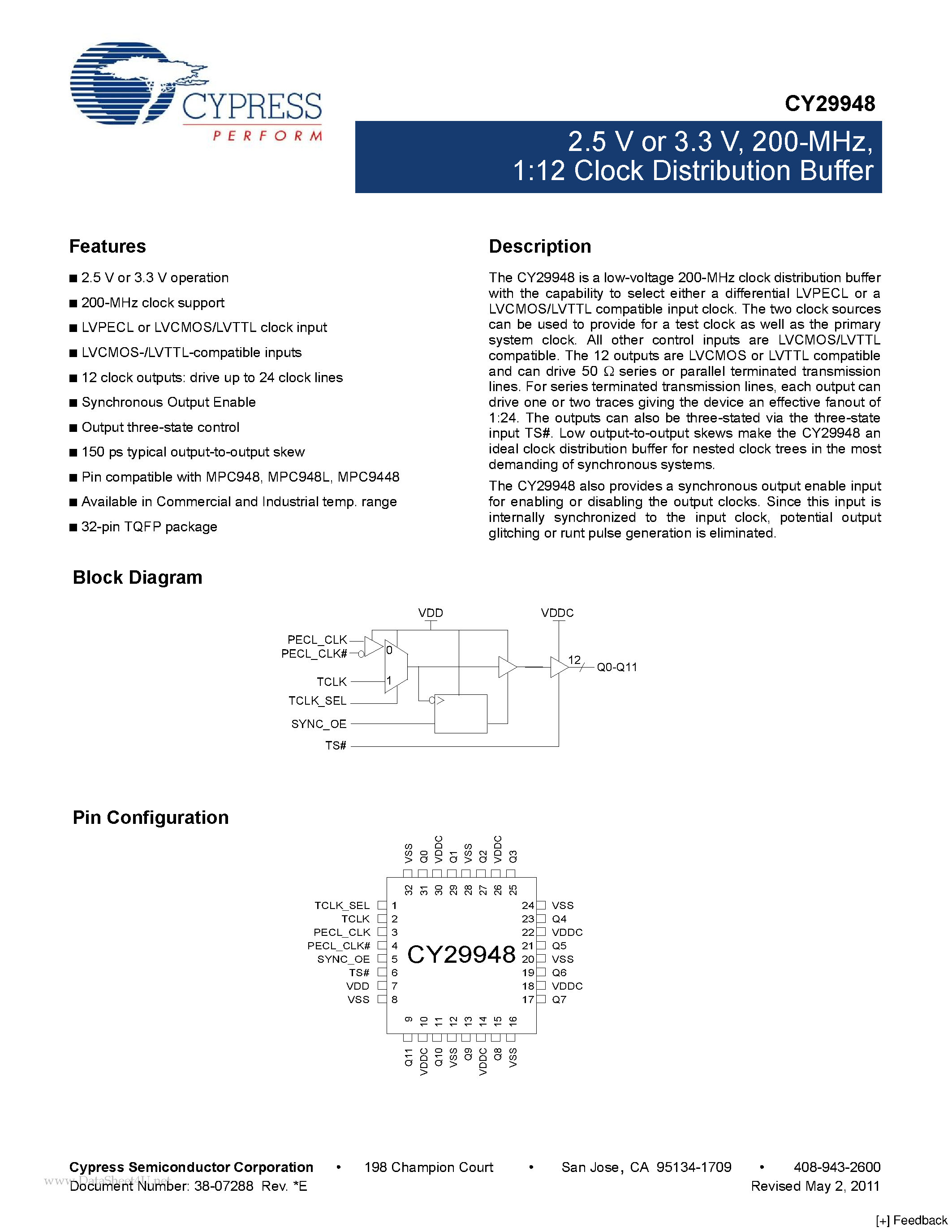 Даташит CY29948 - 1:12 Clock Distribution Buffer страница 1