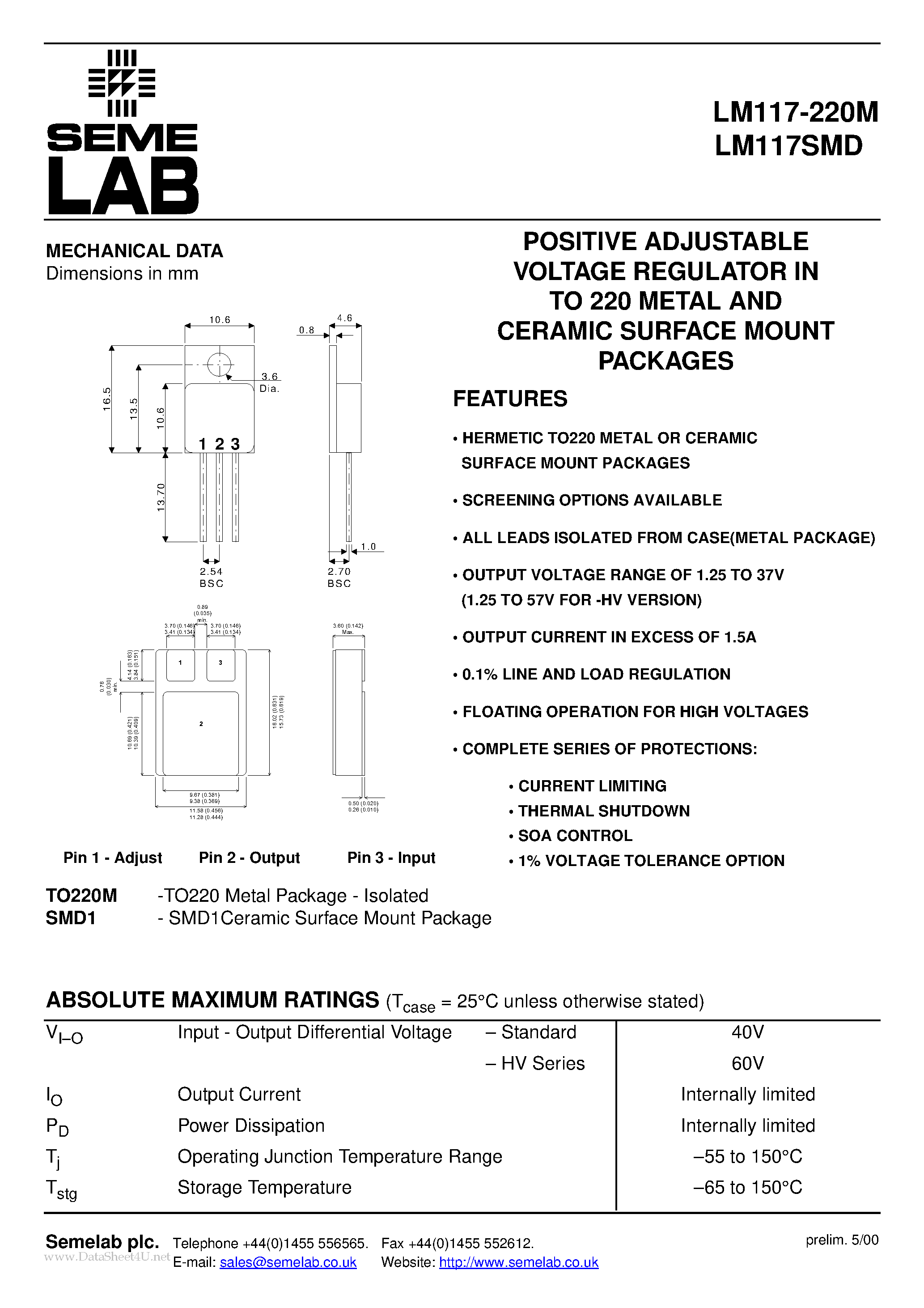 Datasheet LM117-220M - POSITIVE ADJUSTABLE VOLTAGE REGULATOR page 1