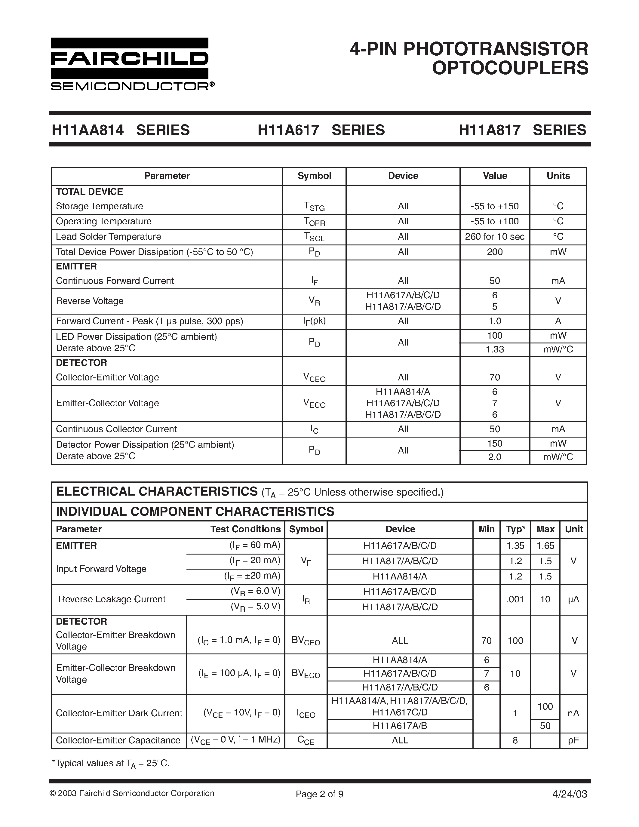 Datasheet A817 - Search -----> H11A817 (4-PIN PHOTOTRANSISTOR OPTOCOUPLERS) page 2