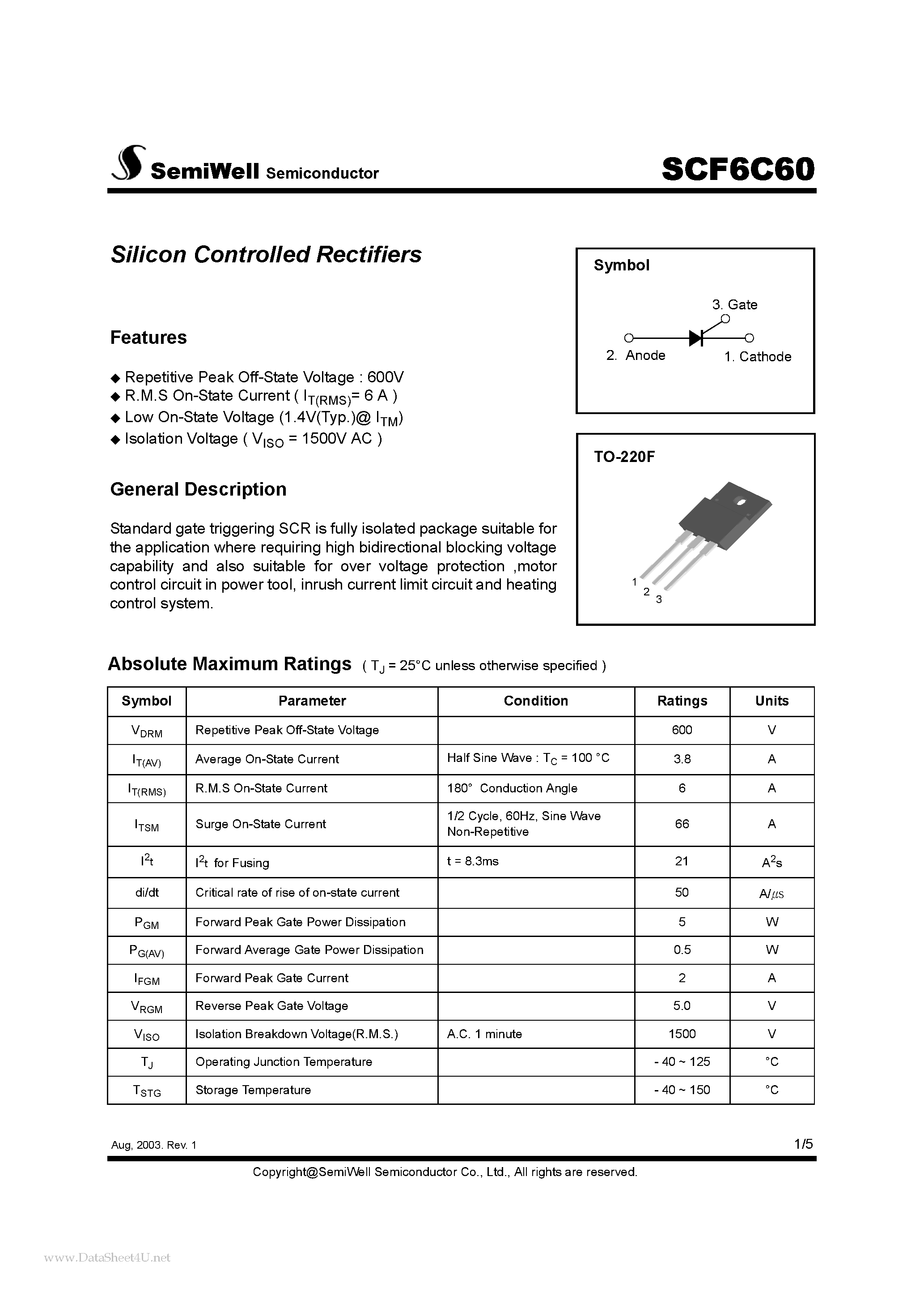 Datasheet SCF6C60 page 1 Datasheet SCF6C60 - Silicon Controlled Rectifiers page 1