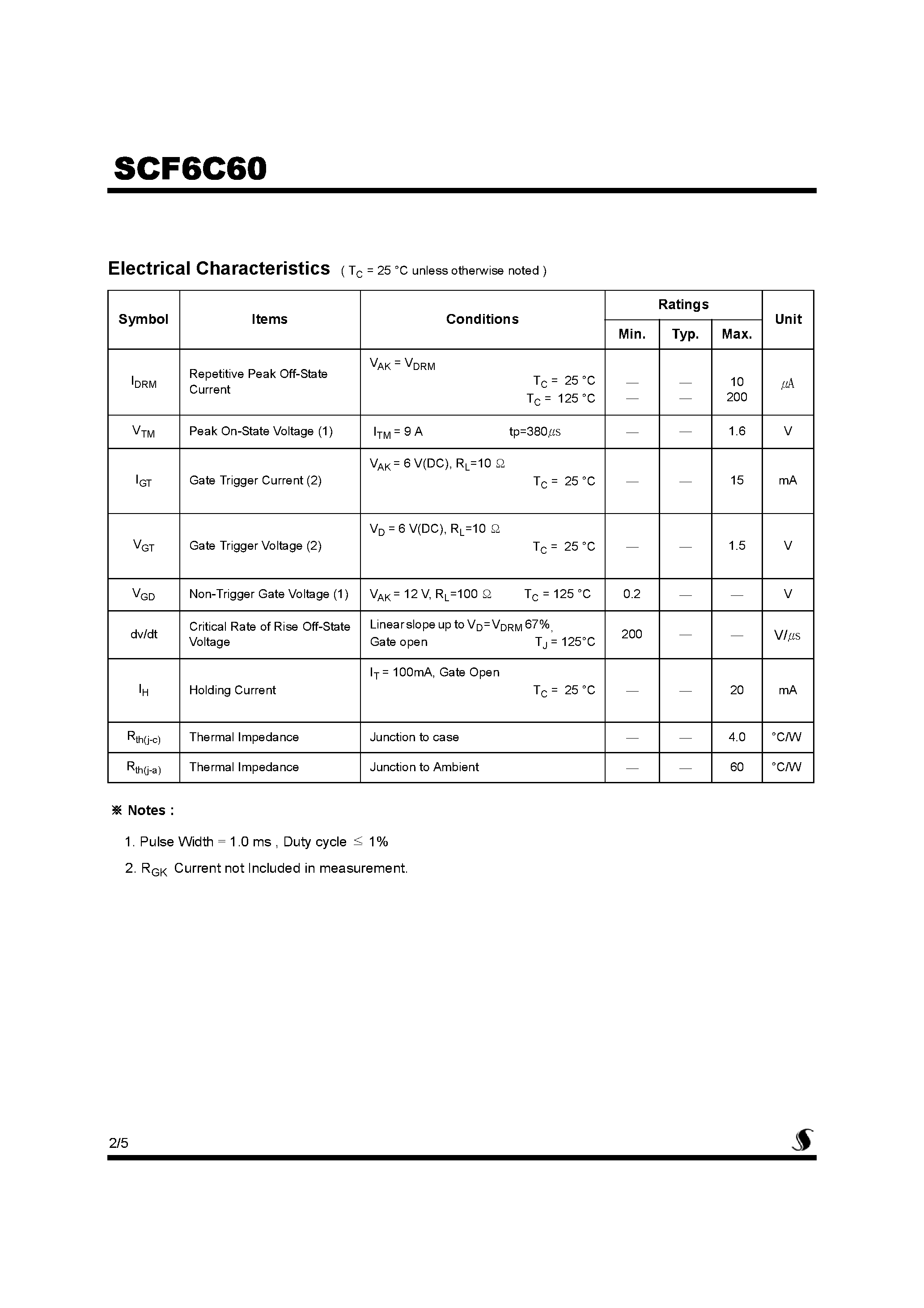 Datasheet SCF6C60 page 2 Datasheet SCF6C60 - Silicon Controlled Rectifiers page 2
