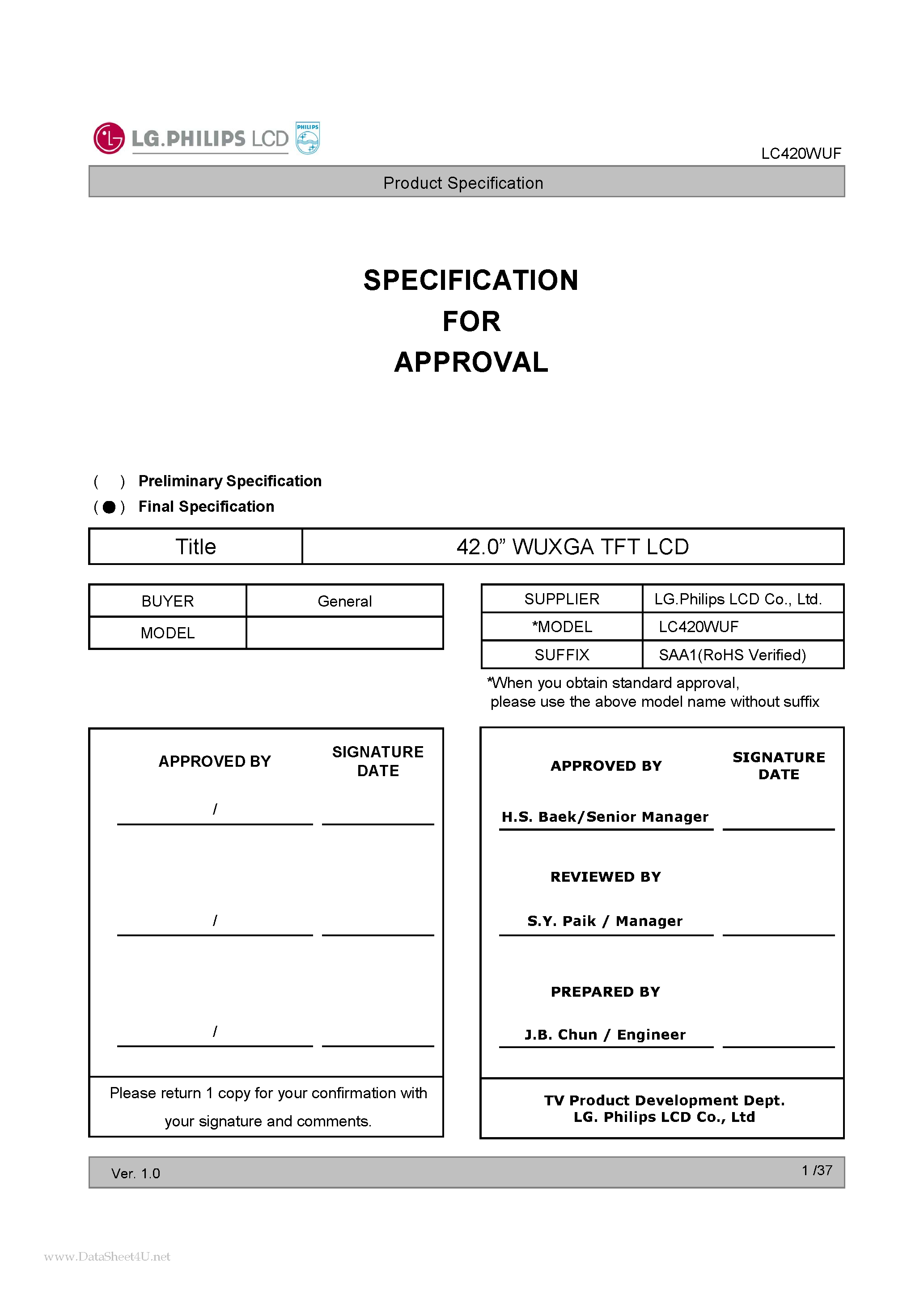 Datasheet LC420WUF - 42.0 WUXGA TFT LCD page 1