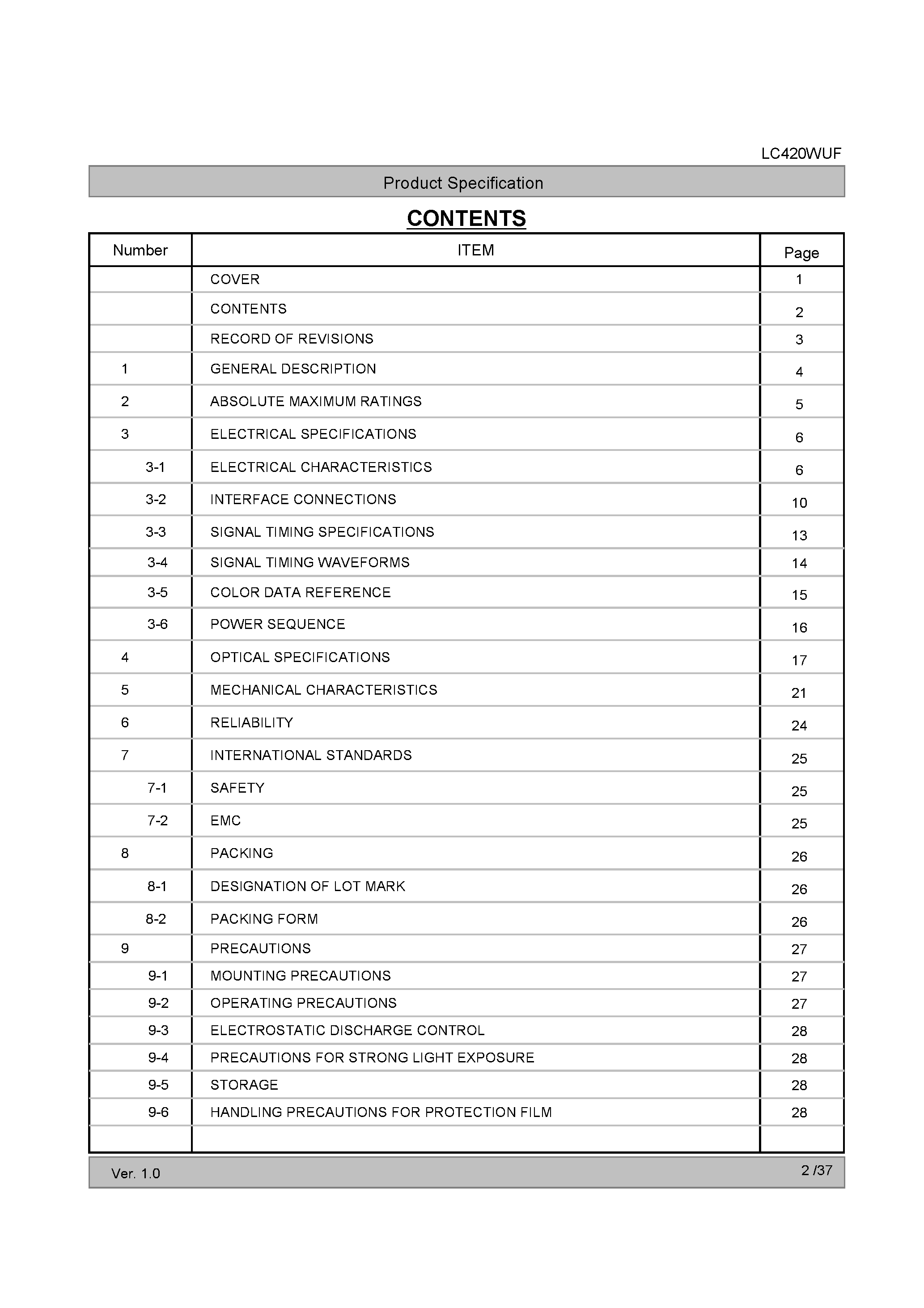 Datasheet LC420WUF - 42.0 WUXGA TFT LCD page 2