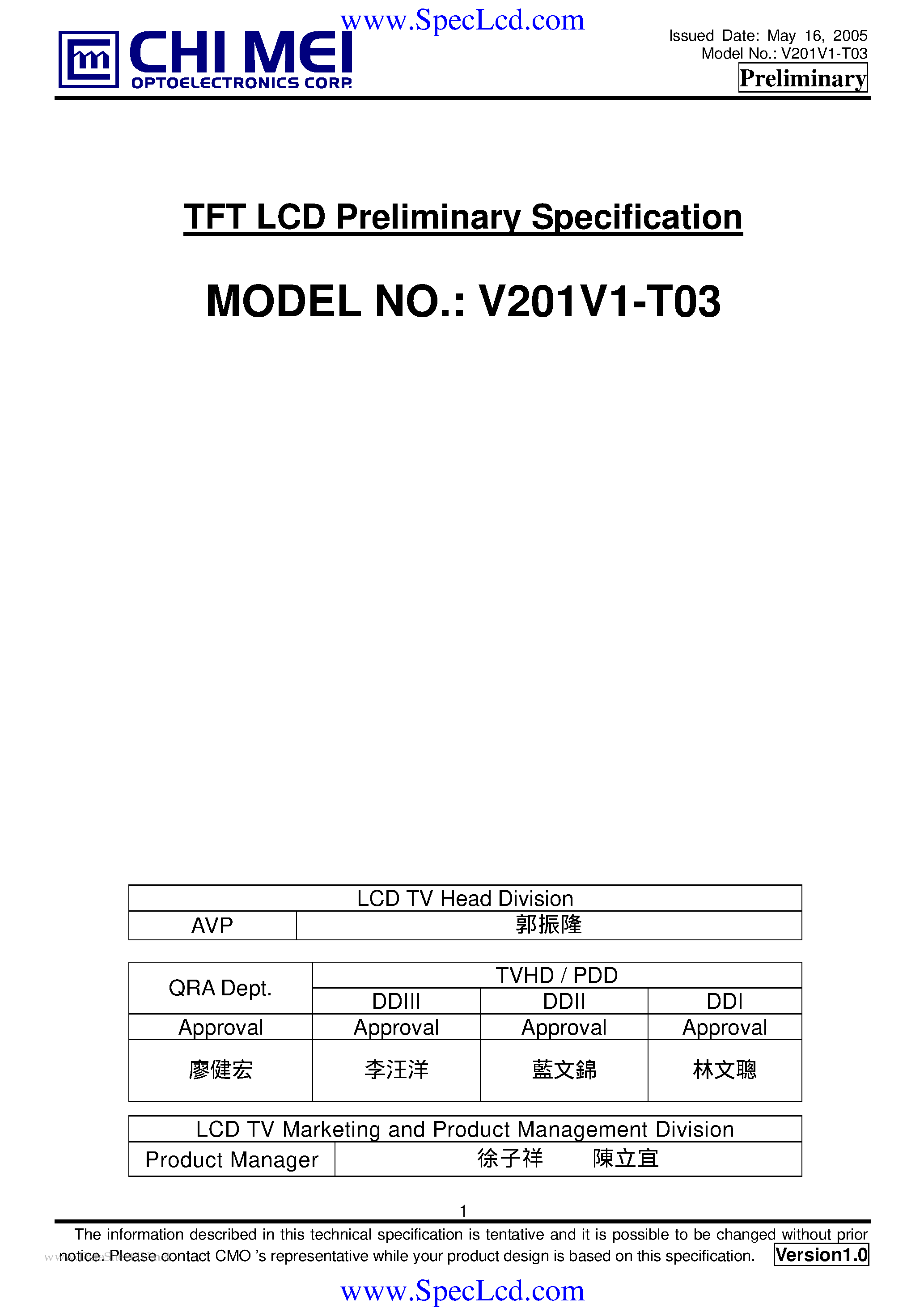 Даташит на микросхему V201V1-T03 страница 1 Даташит V201V1-T03 - LCD Module страница 1