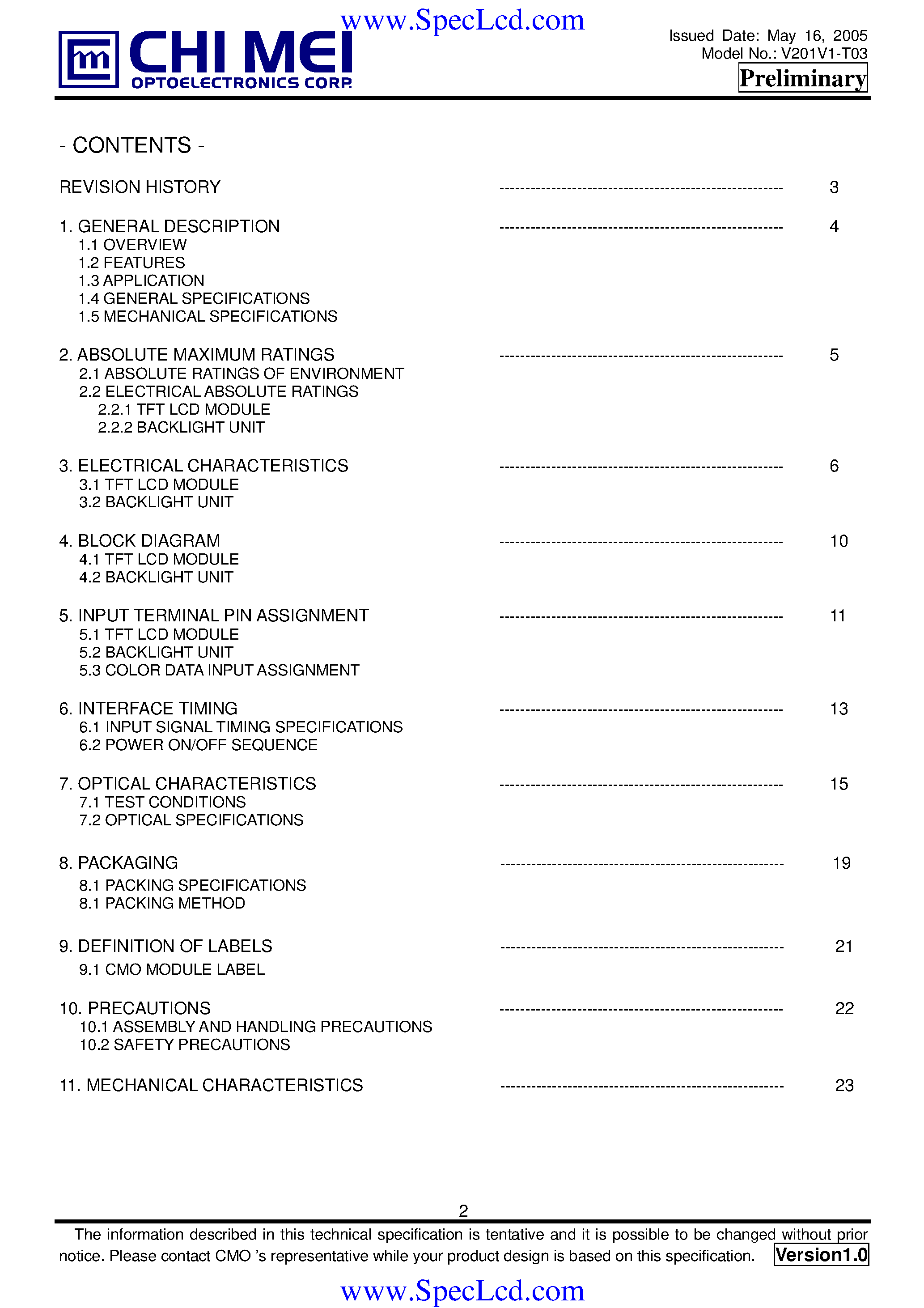 Даташит на микросхему V201V1-T03 страница 2 Даташит V201V1-T03 - LCD Module страница 2