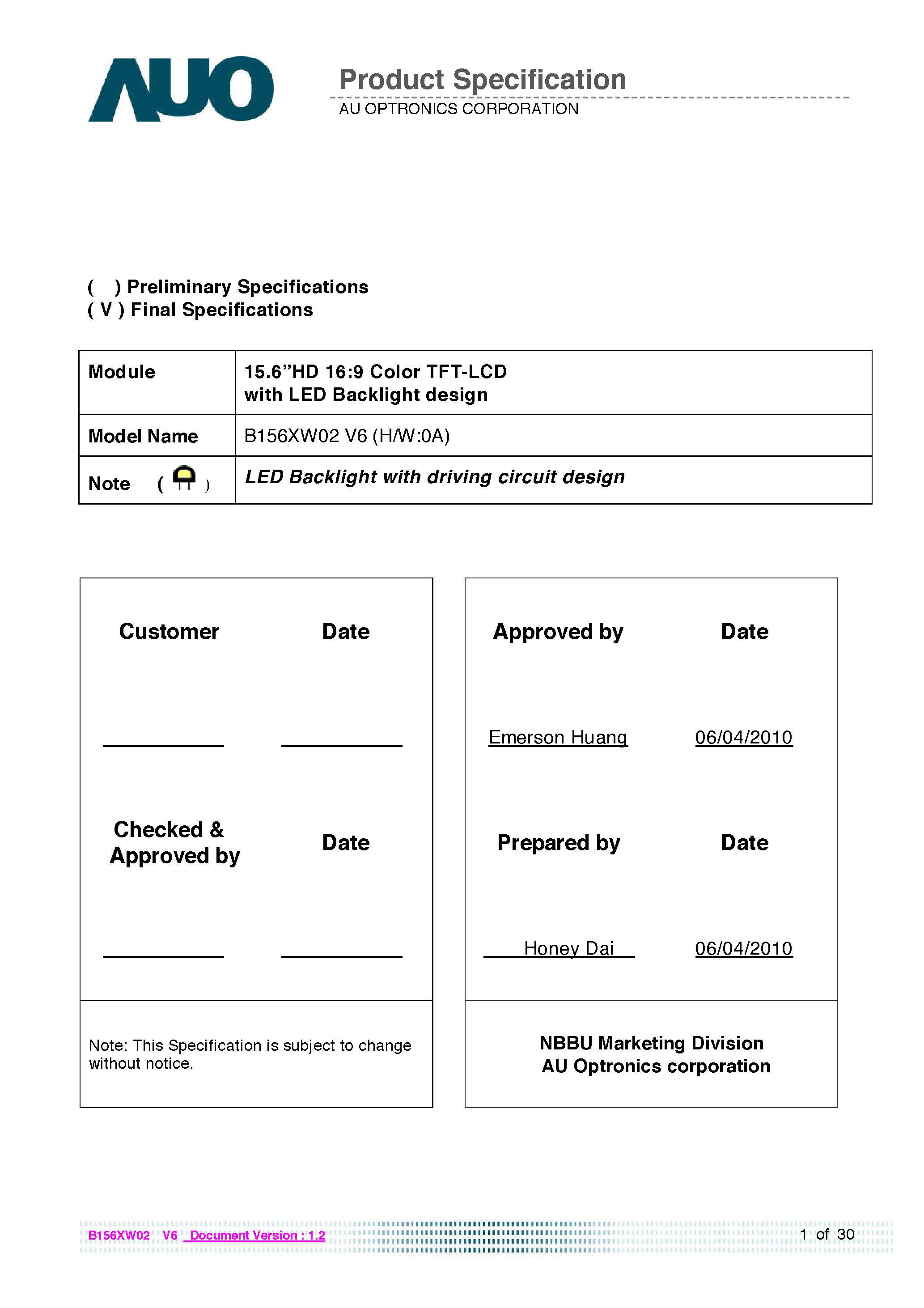 Даташит B156XW02-V6 - LCD Module страница 2