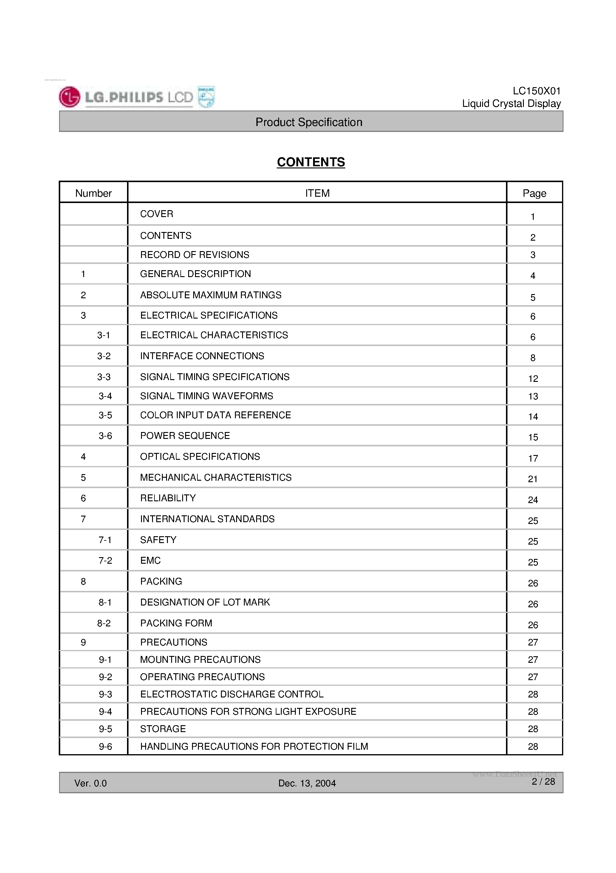 Datasheet LC150X01-SL01 page 2 Datasheet LC150X01-SL01 - LCD Module page 2