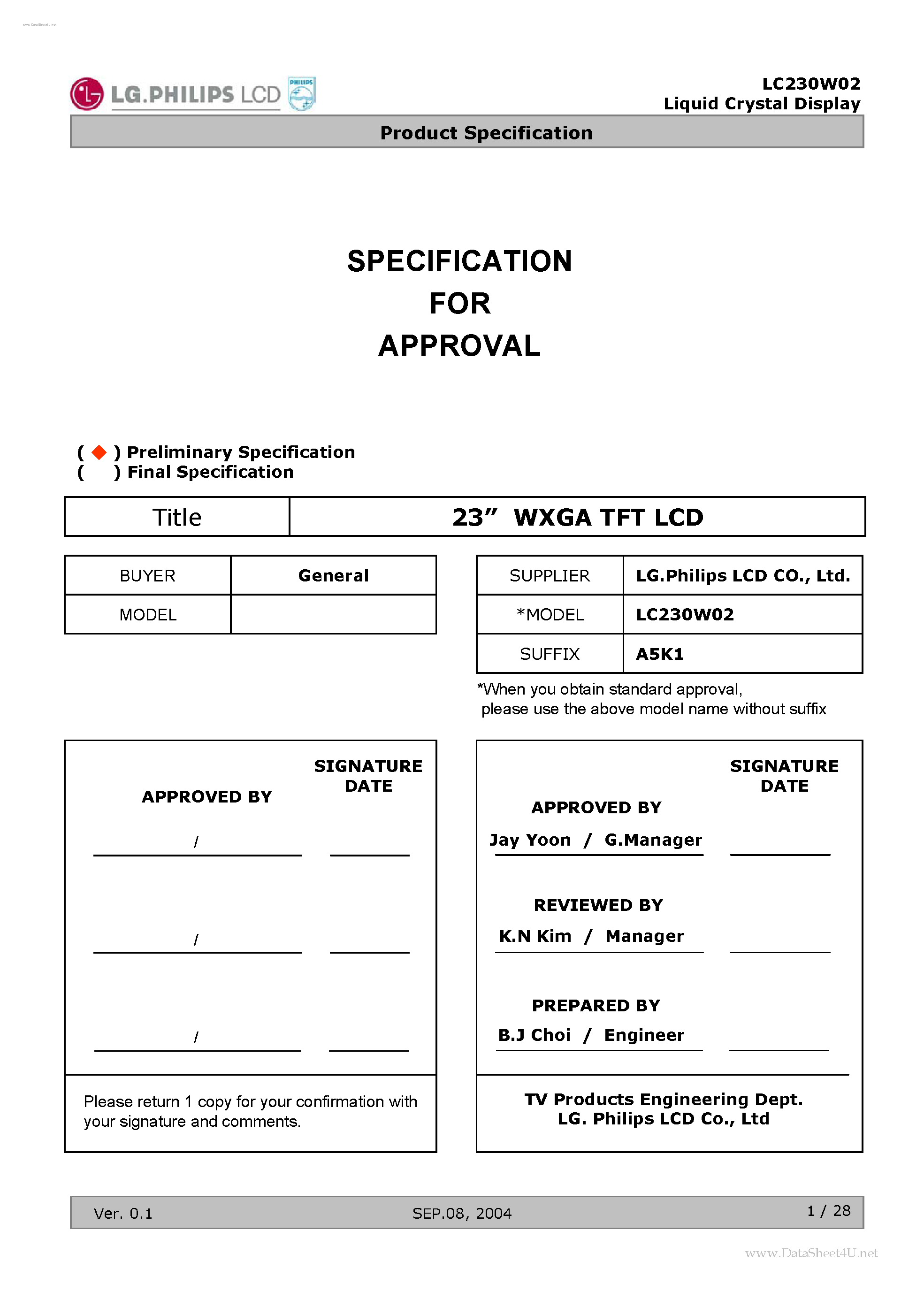 Datasheet LC230W02-A5K1 page 1 Datasheet LC230W02-A5K1 - LCD Module page 1