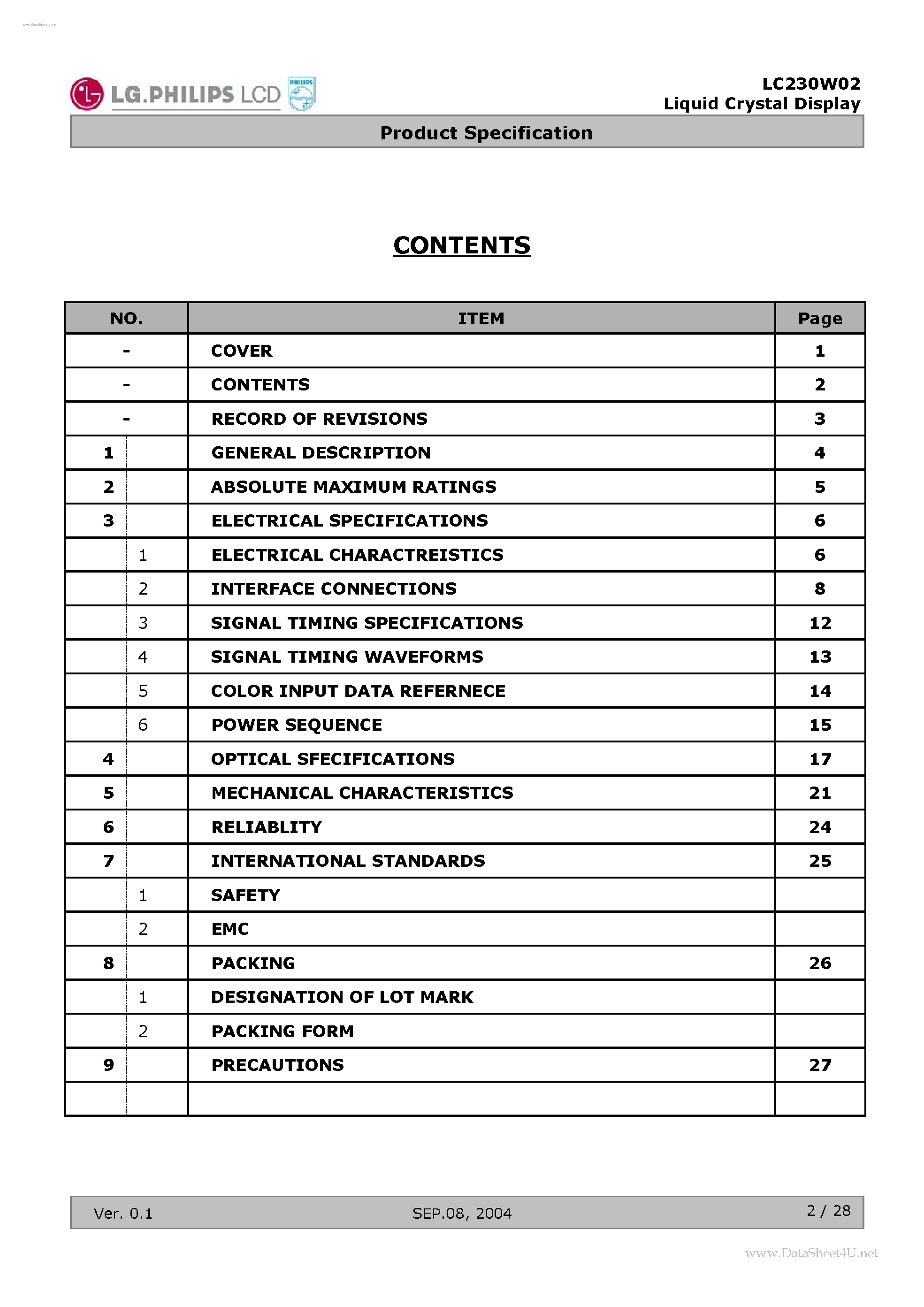 Datasheet LC230W02-A5K1 page 2 Datasheet LC230W02-A5K1 - LCD Module page 2