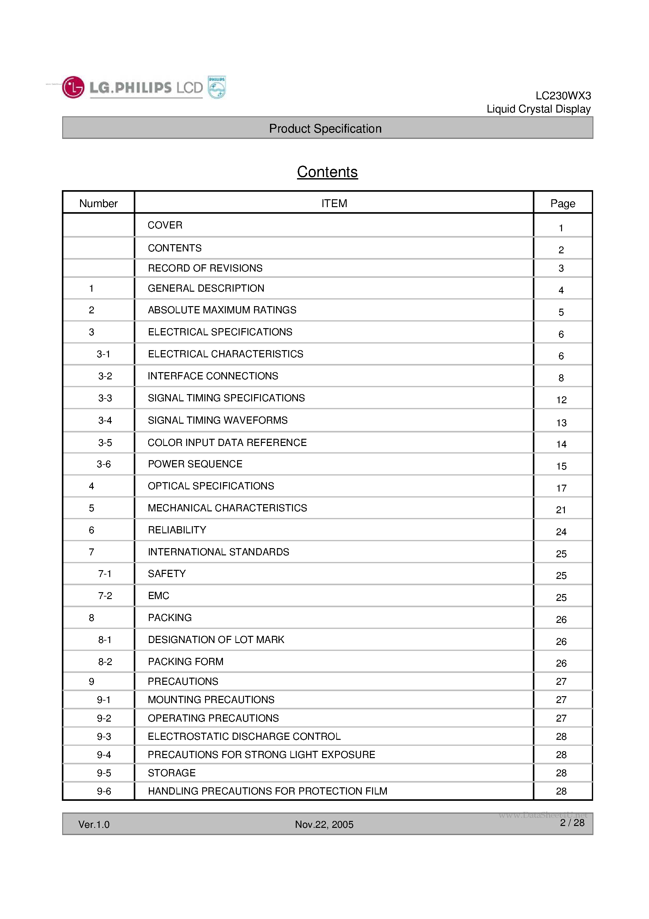 Datasheet LC230WX3-SLA1 page 2 Datasheet LC230WX3-SLA1 - LCD Module page 2