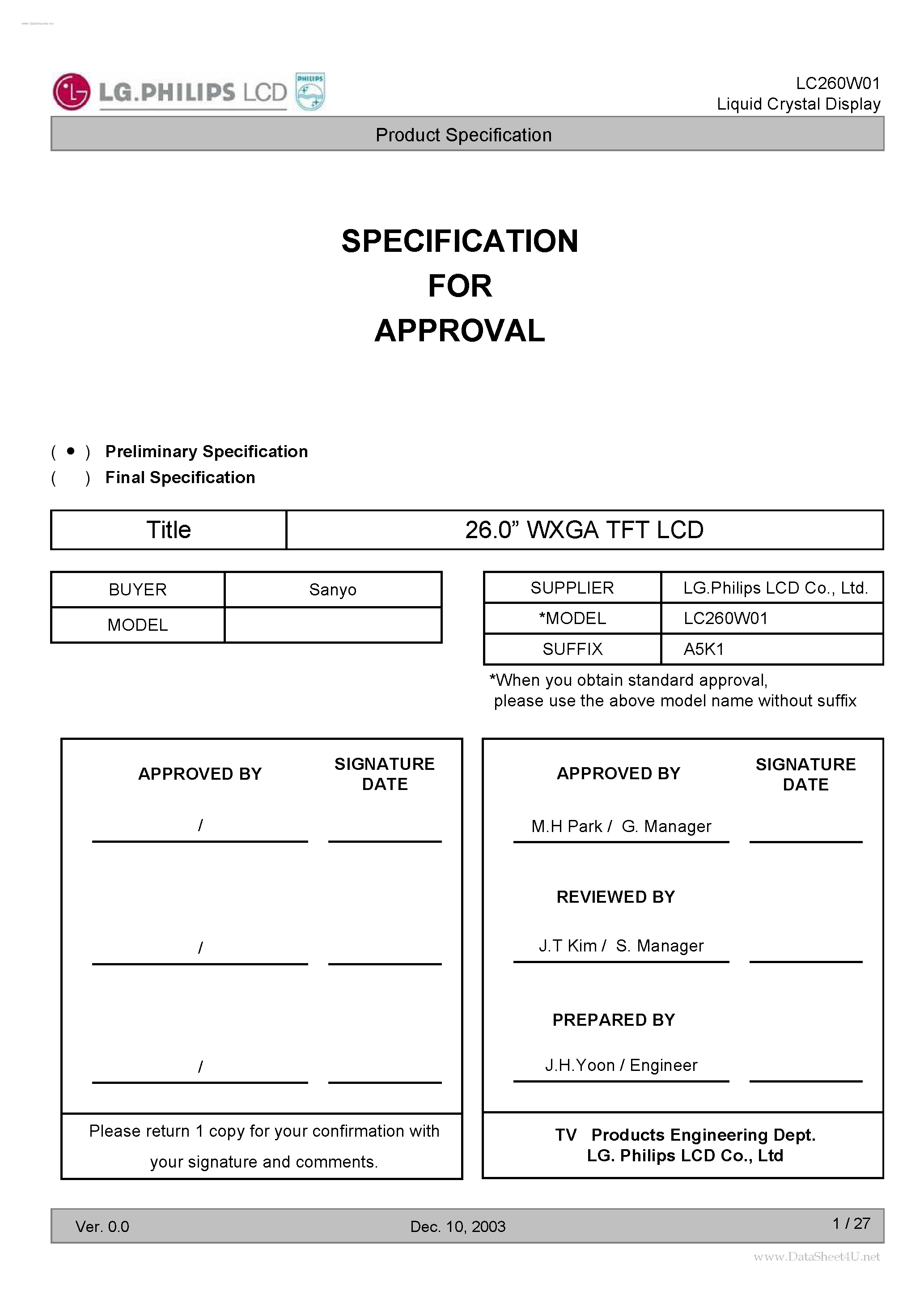 Datasheet LC260W01 page 1 Datasheet LC260W01 - LCD Module page 1