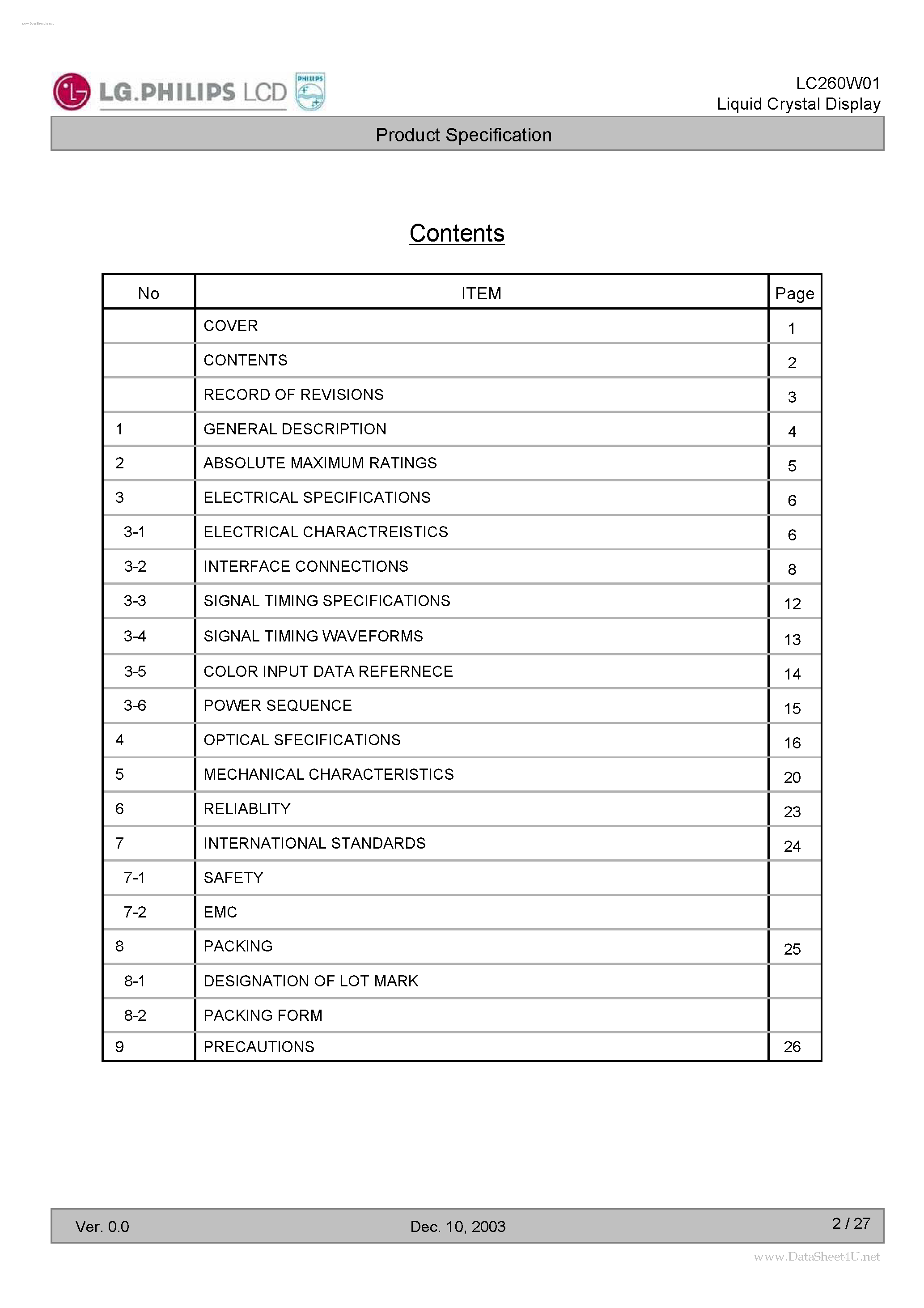 Datasheet LC260W01 page 2 Datasheet LC260W01 - LCD Module page 2