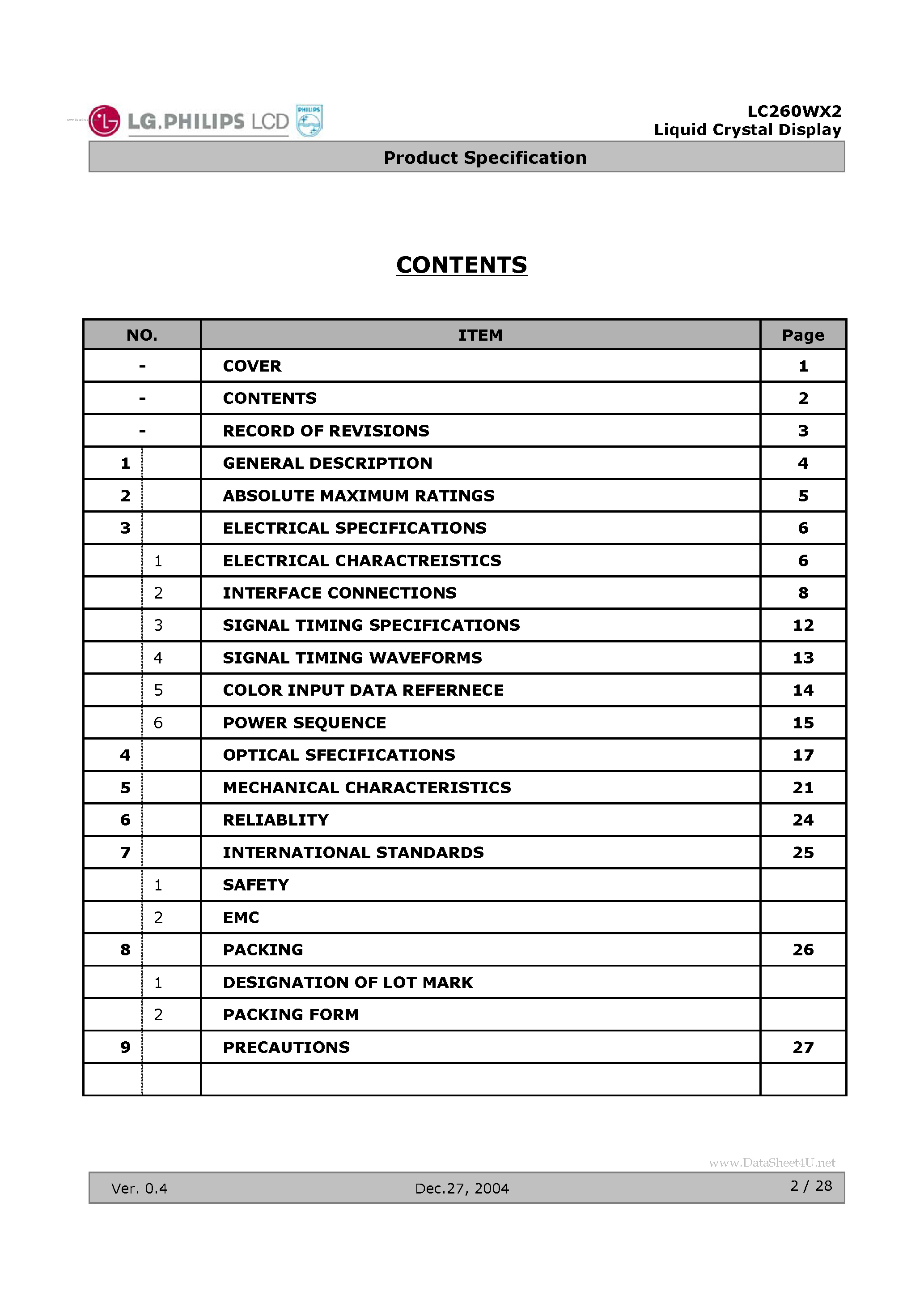 Datasheet LC260WX2-SL01 page 2 Datasheet LC260WX2-SL01 - LCD Module page 2
