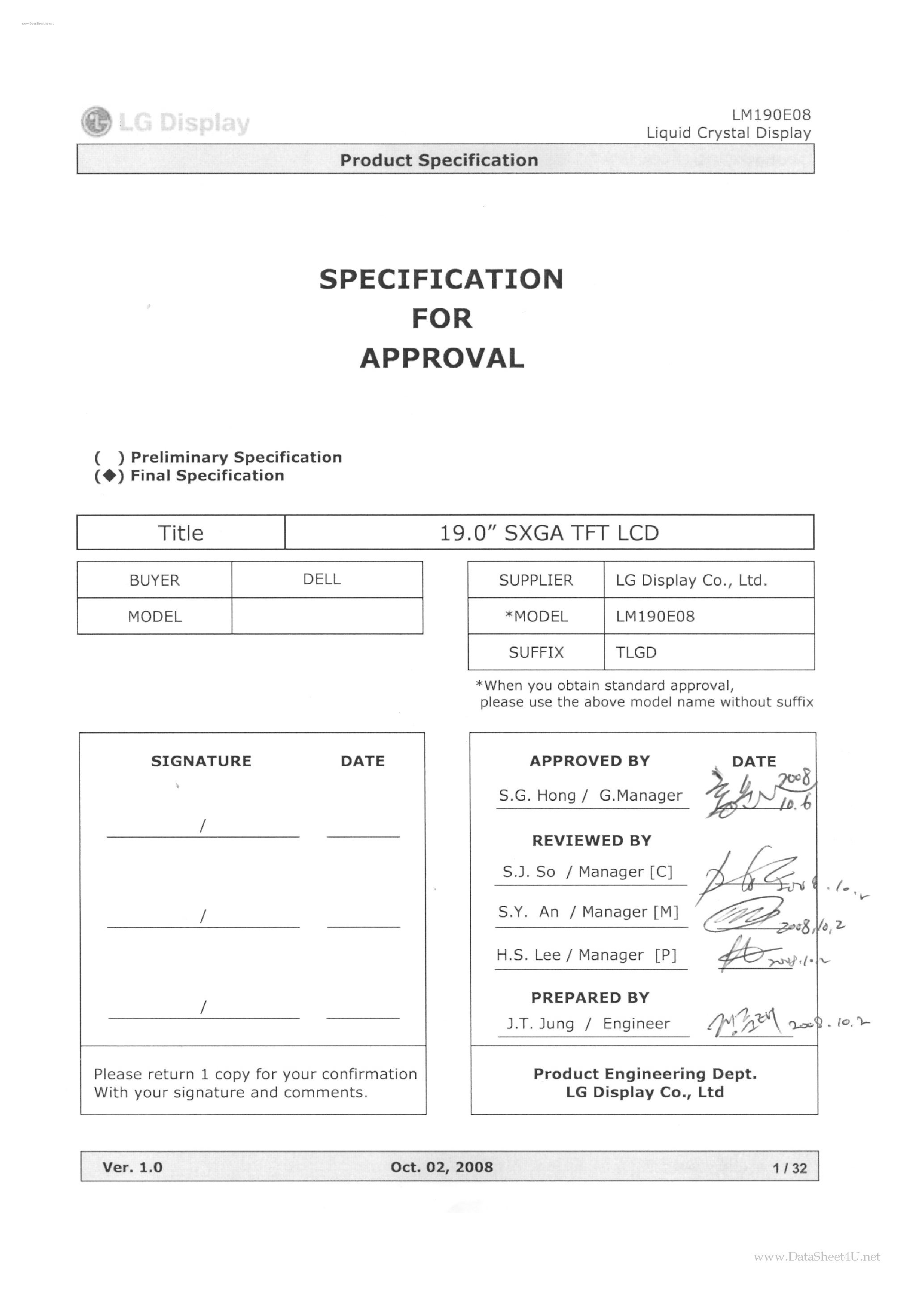 Даташит на микросхему LM190E08-TLGD страница 1 Даташит LM190E08-TLGD - LCD Module страница 1