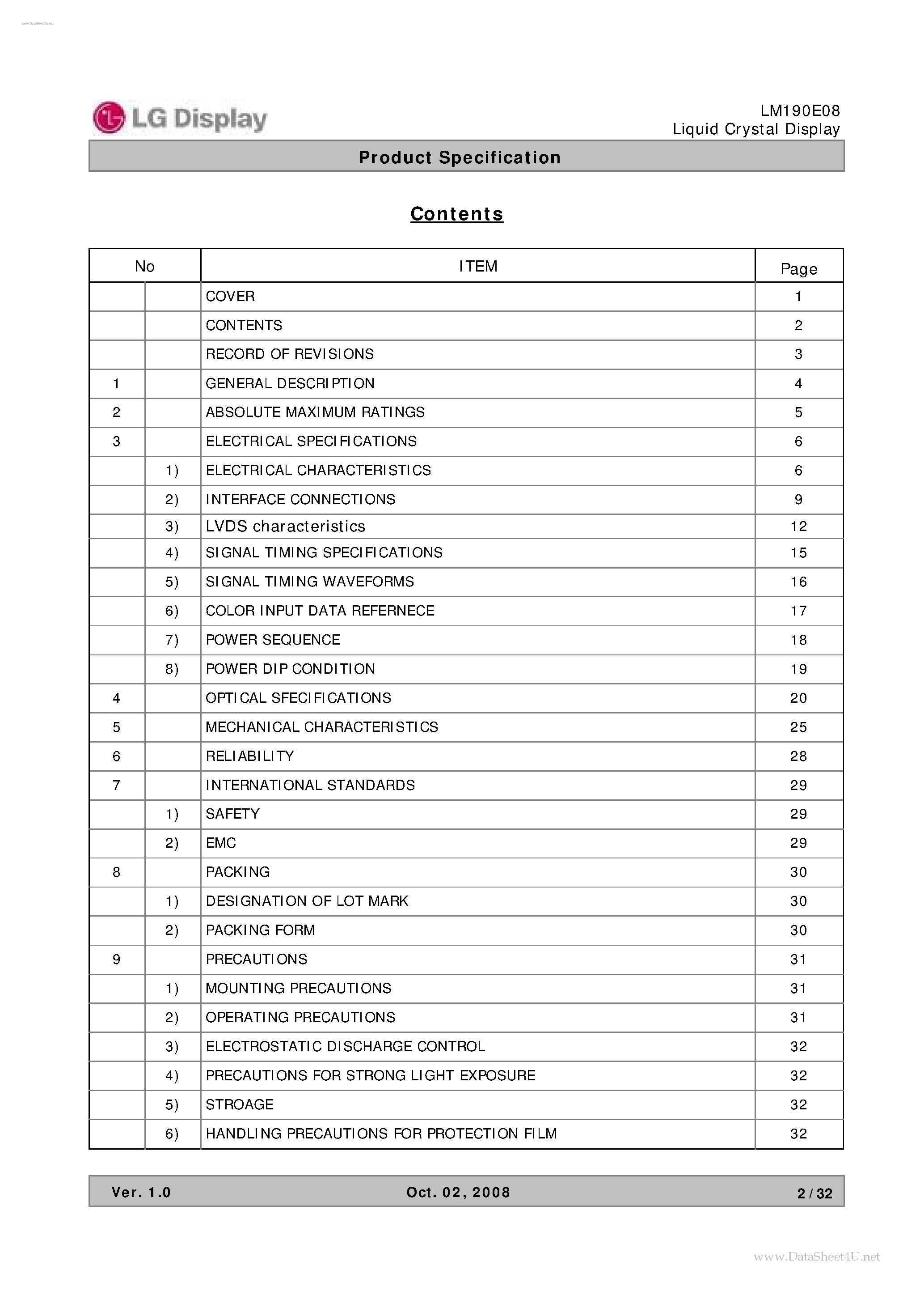 Даташит на микросхему LM190E08-TLGD страница 2 Даташит LM190E08-TLGD - LCD Module страница 2