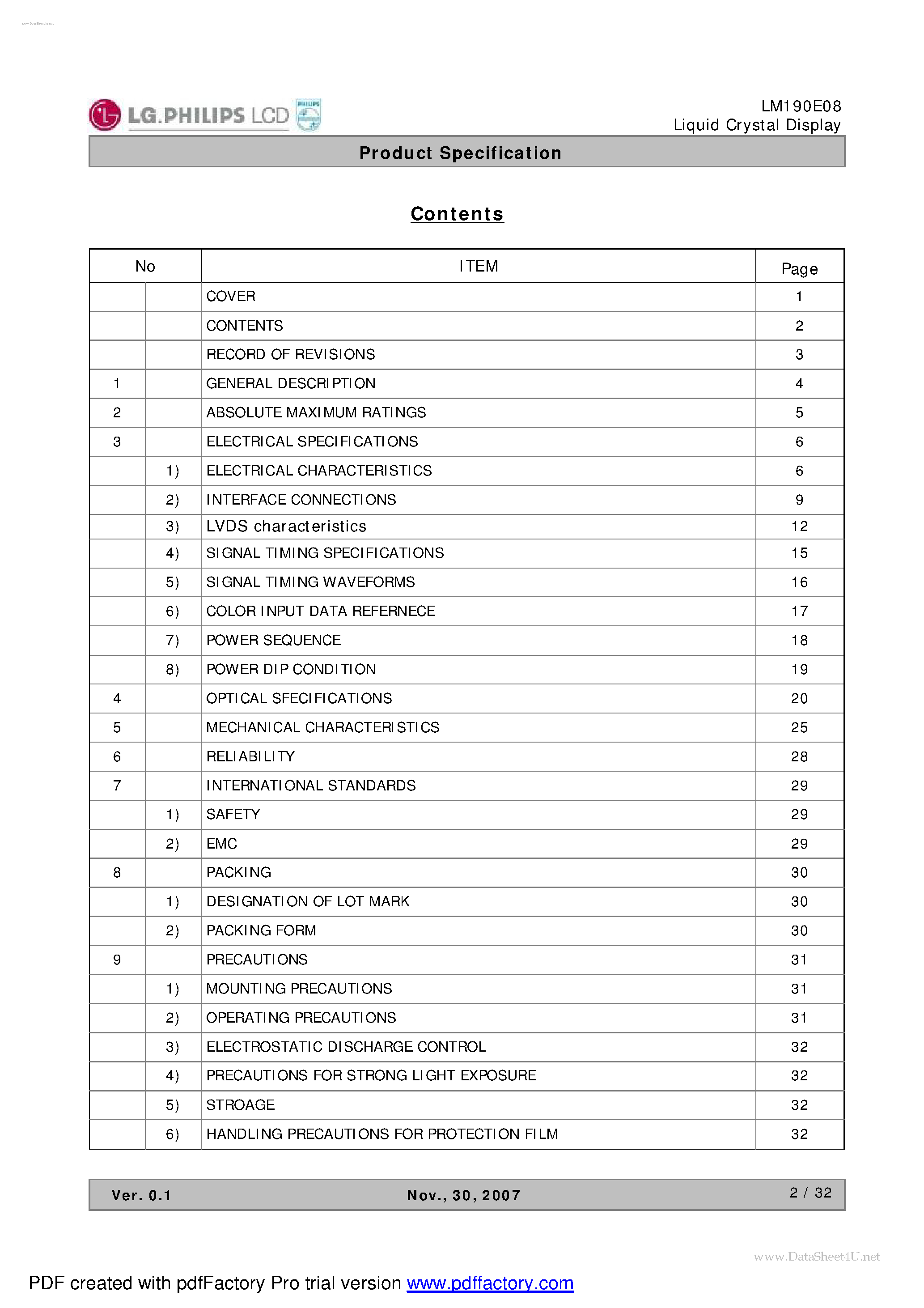 Даташит на микросхему LM190E08-TLG1 страница 2 Даташит LM190E08-TLG1 - LCD Module страница 2