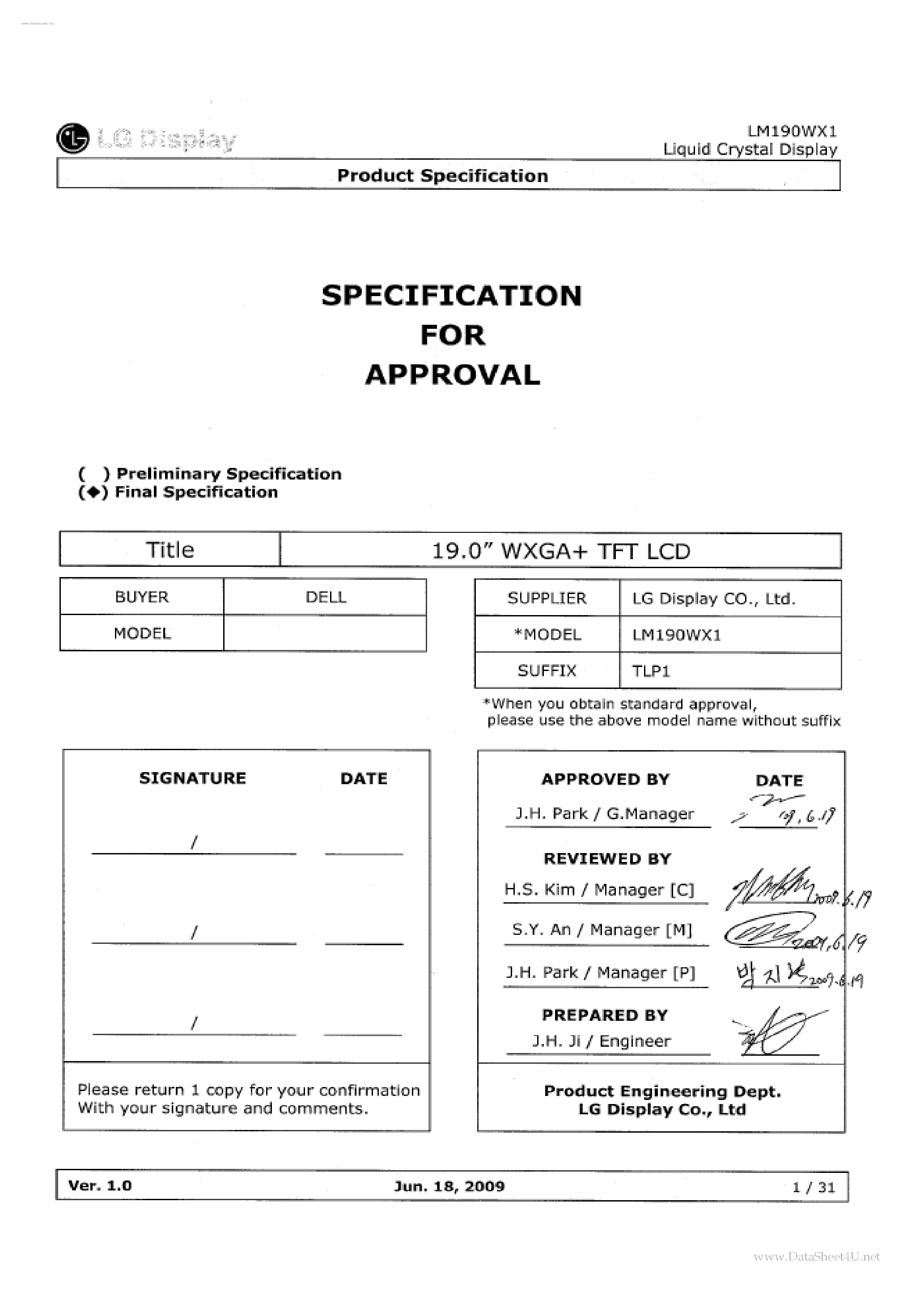 Datasheet LM190WX1-TLP1 page 1 Datasheet LM190WX1-TLP1 - LCD Module page 1