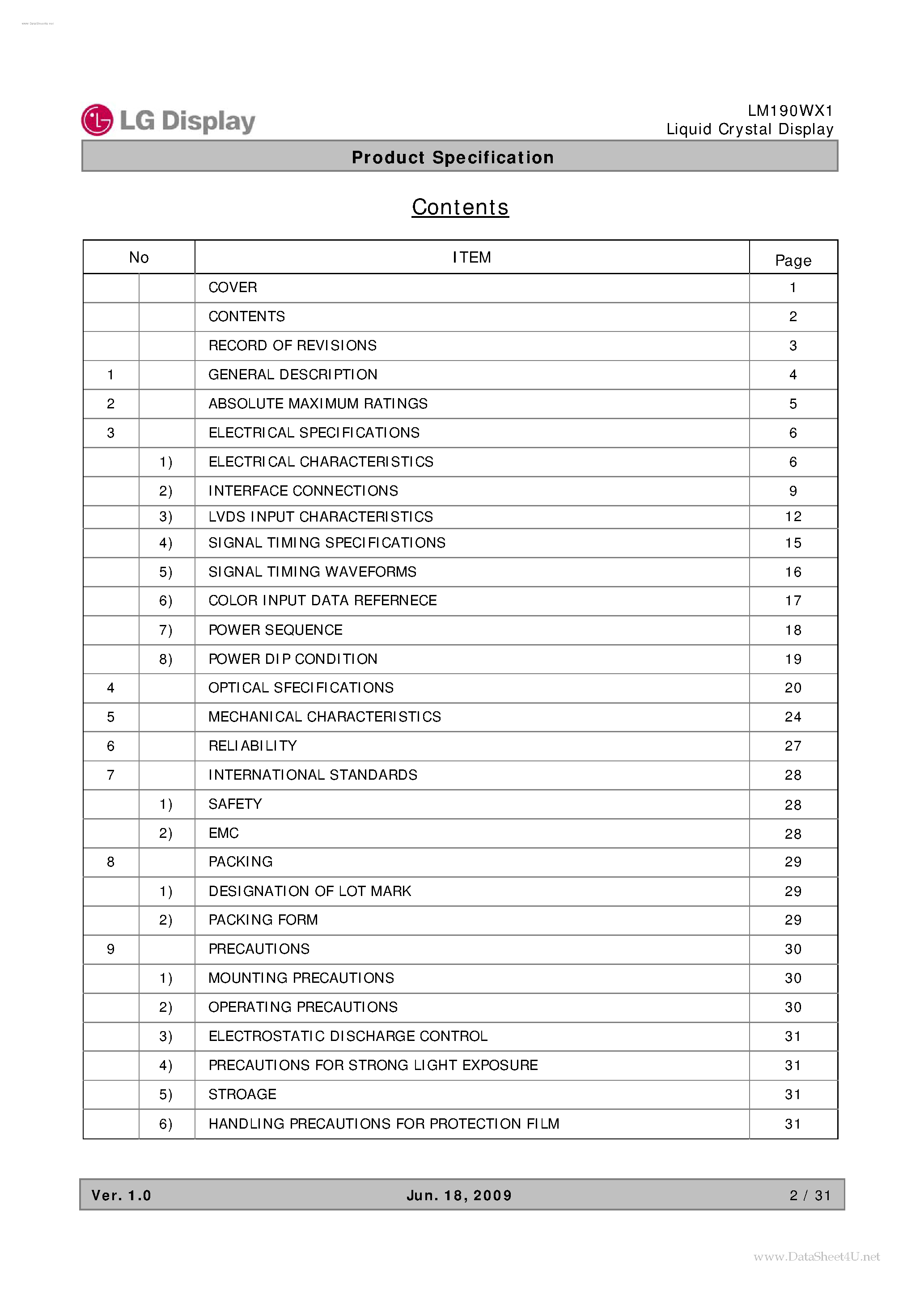 Datasheet LM190WX1-TLP1 page 2 Datasheet LM190WX1-TLP1 - LCD Module page 2