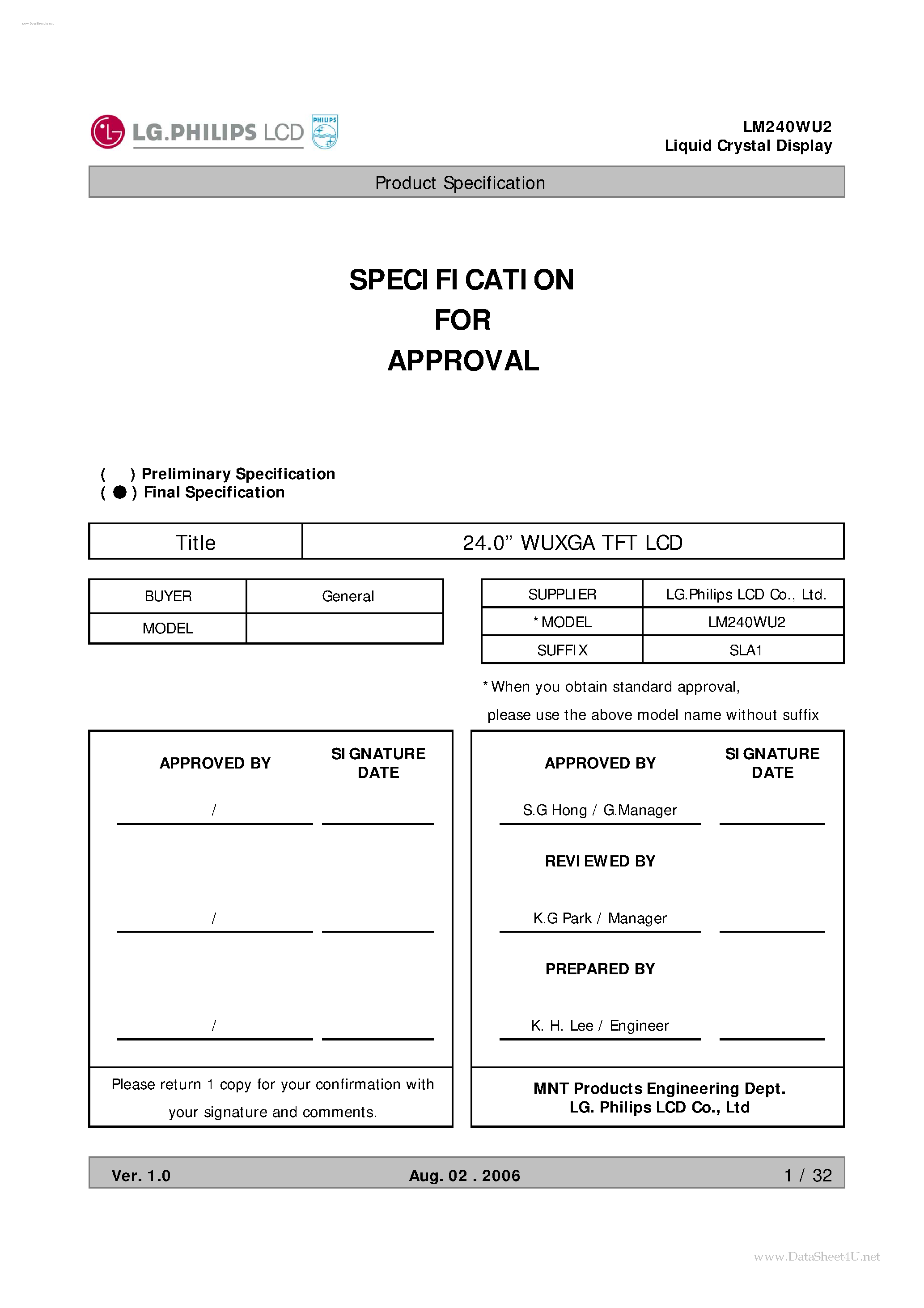 Даташит LM240WU2-SLA1 - LCD Module страница 1