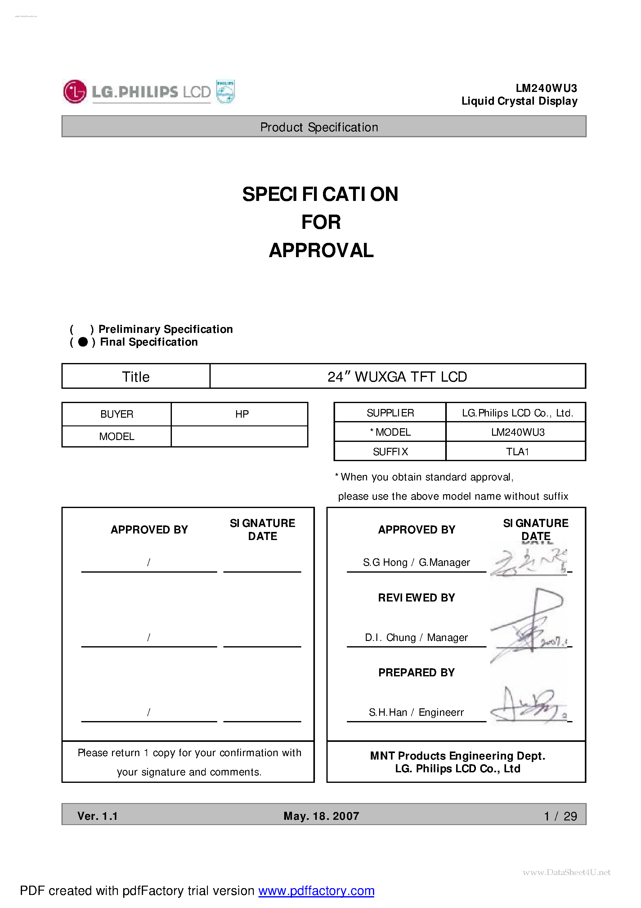 Даташит LM240WU3-TLA1 - LCD Module страница 1