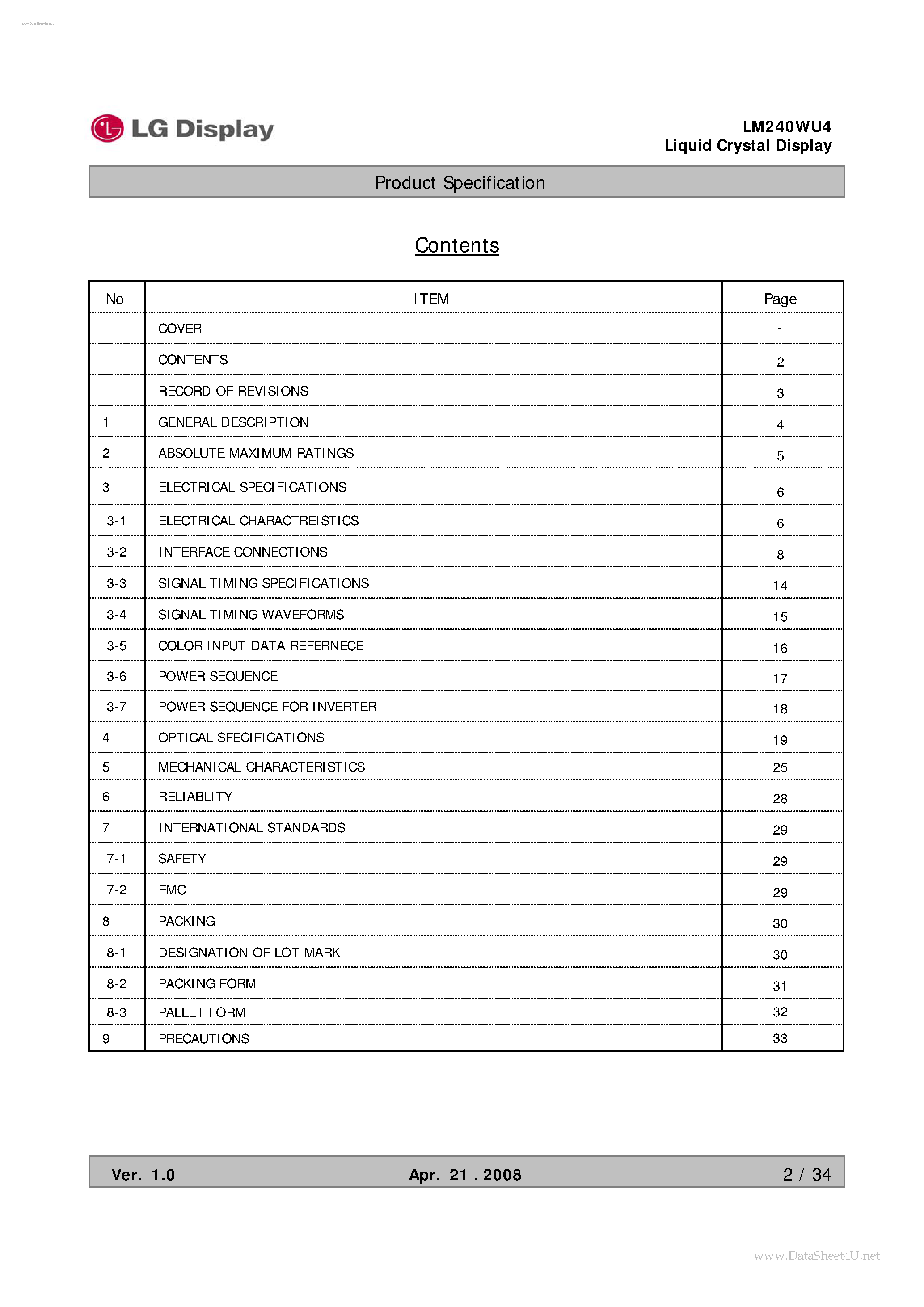 Даташит LM240WU4-SLA1 - LCD Module страница 2