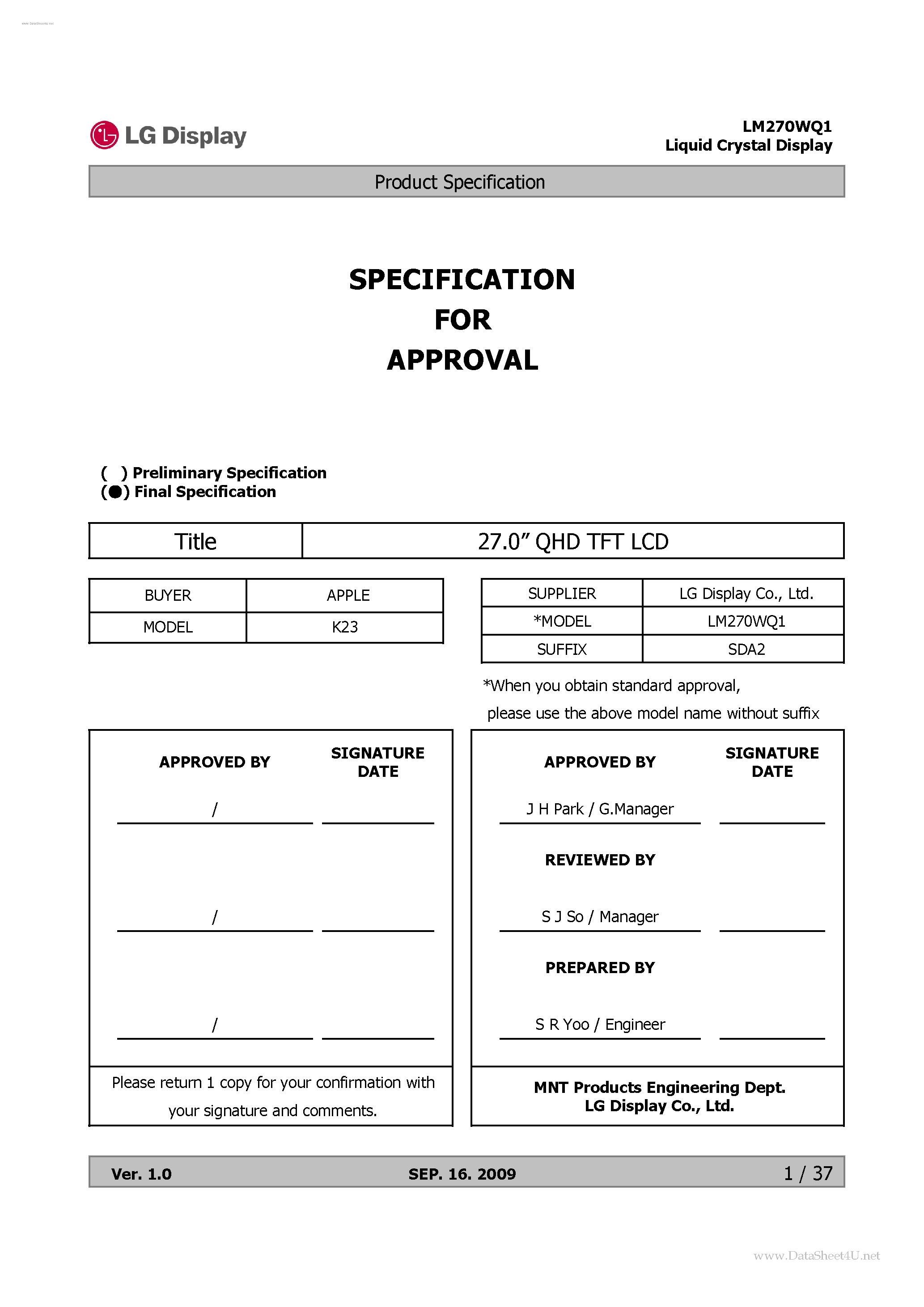 Datasheet LM270WQ1-SDA2 page 1 Datasheet LM270WQ1-SDA2 - LCD Module page 1