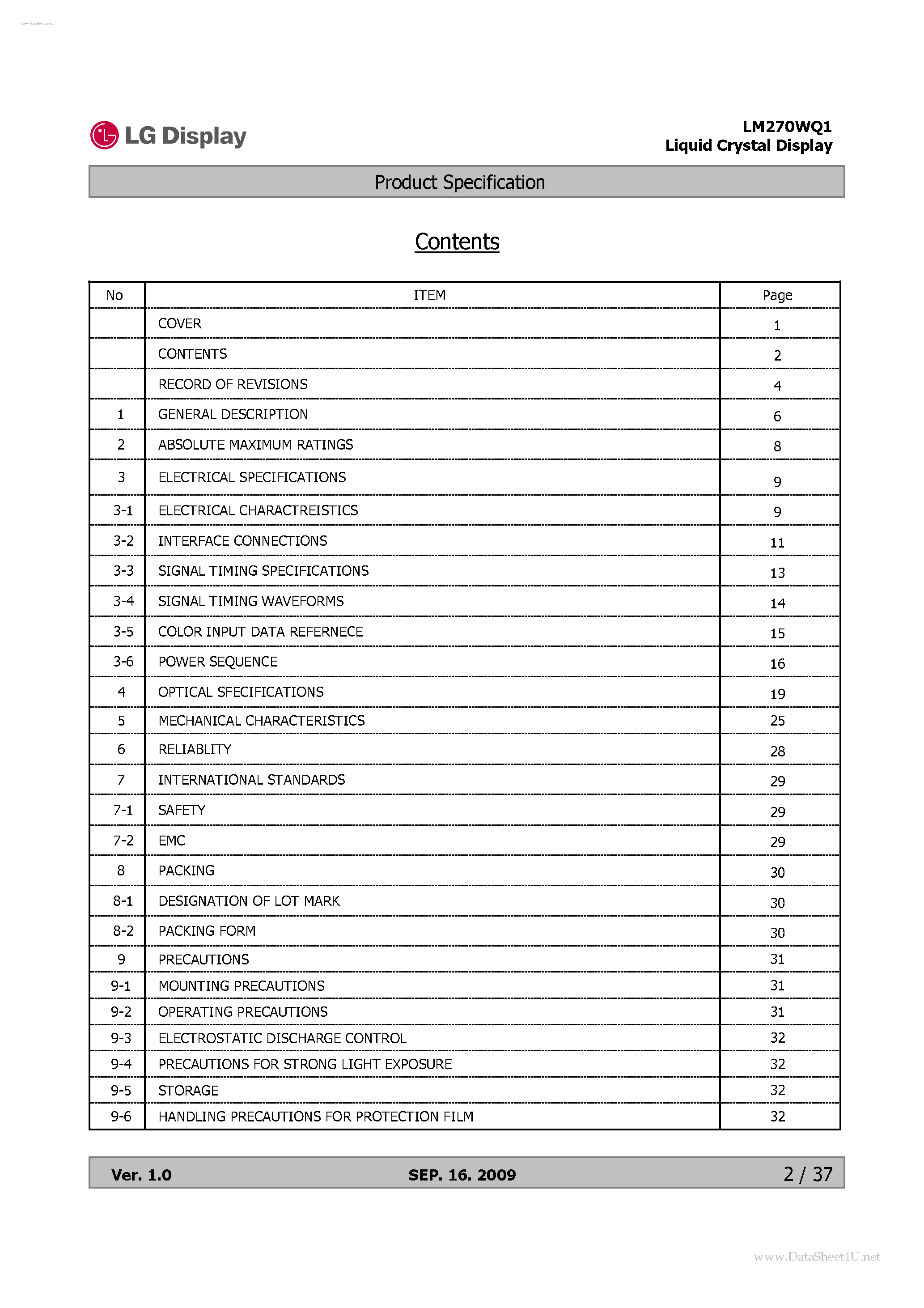 Datasheet LM270WQ1-SDA2 page 2 Datasheet LM270WQ1-SDA2 - LCD Module page 2