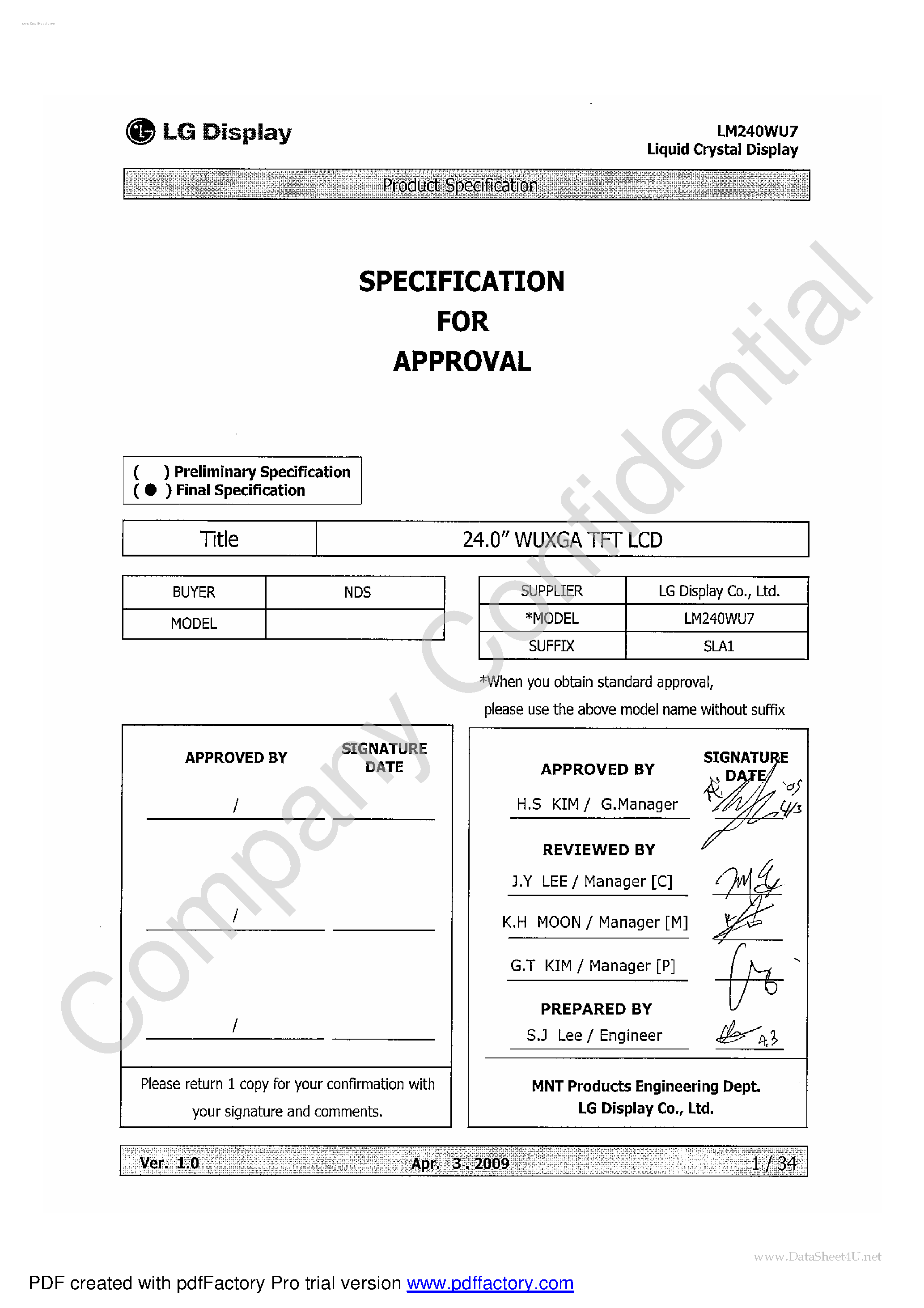 Даташит LM240WU7-SLA1 - LCD Module страница 1