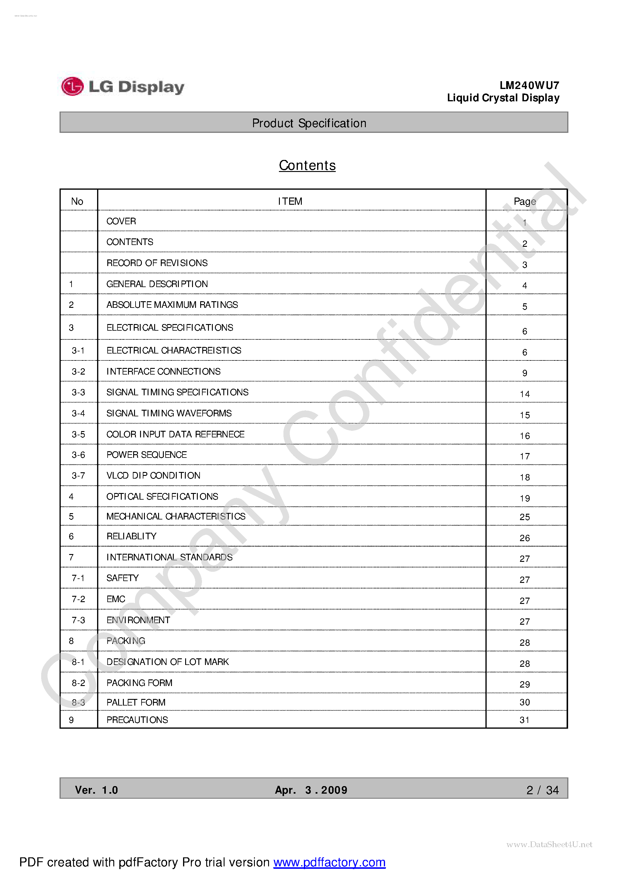 Даташит LM240WU7-SLA1 - LCD Module страница 2
