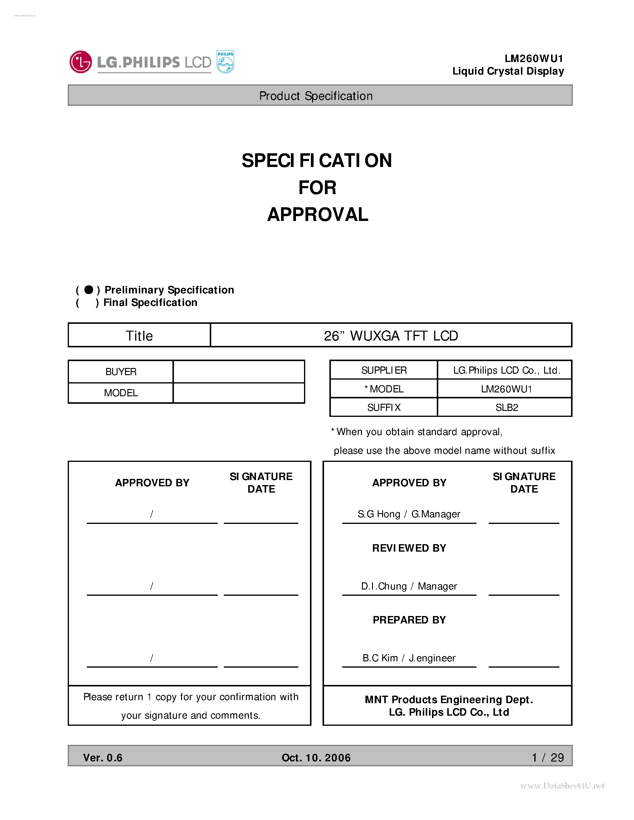 Datasheet LM260WU1-SLB2 page 1 Datasheet LM260WU1-SLB2 - LCD Module page 1