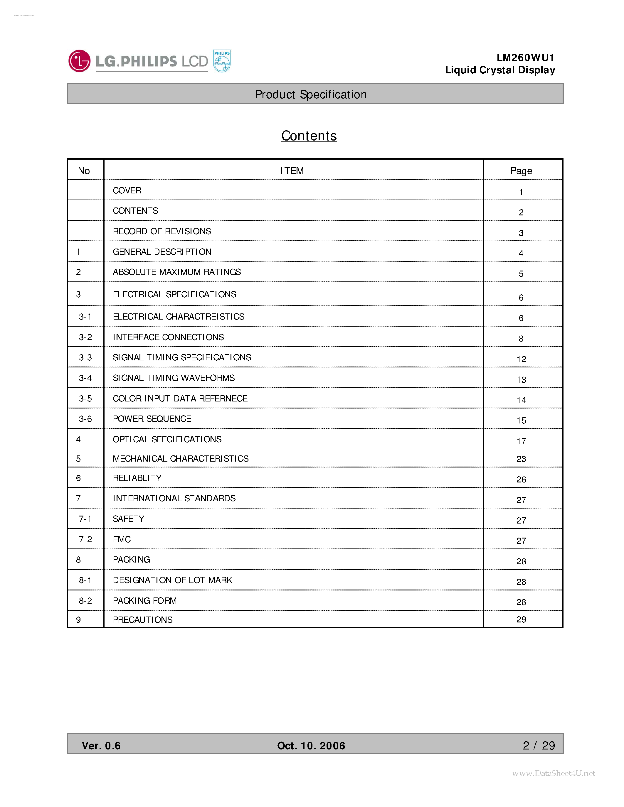 Datasheet LM260WU1-SLB2 page 2 Datasheet LM260WU1-SLB2 - LCD Module page 2