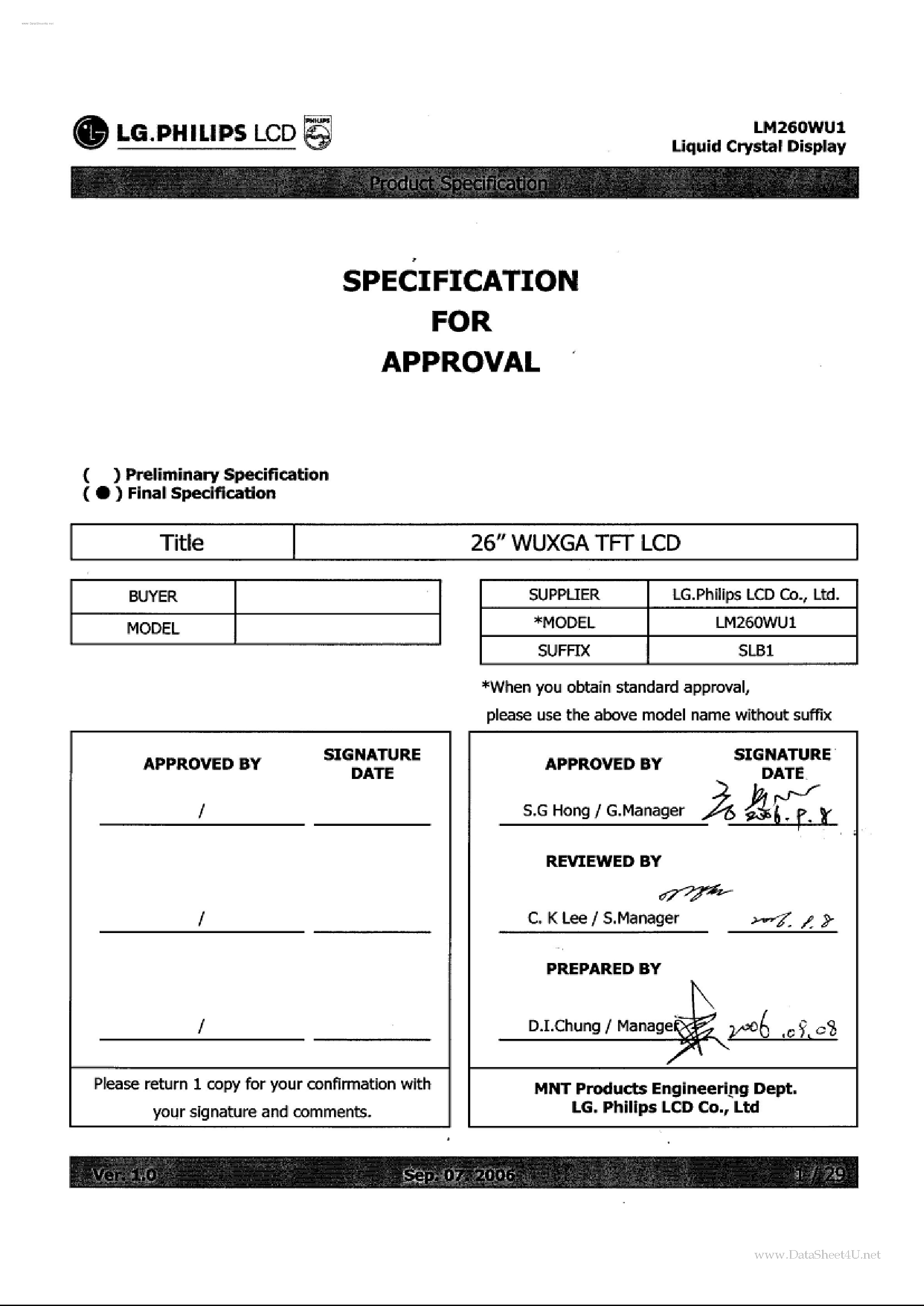 Datasheet LM260WU1 - LCD Module page 1