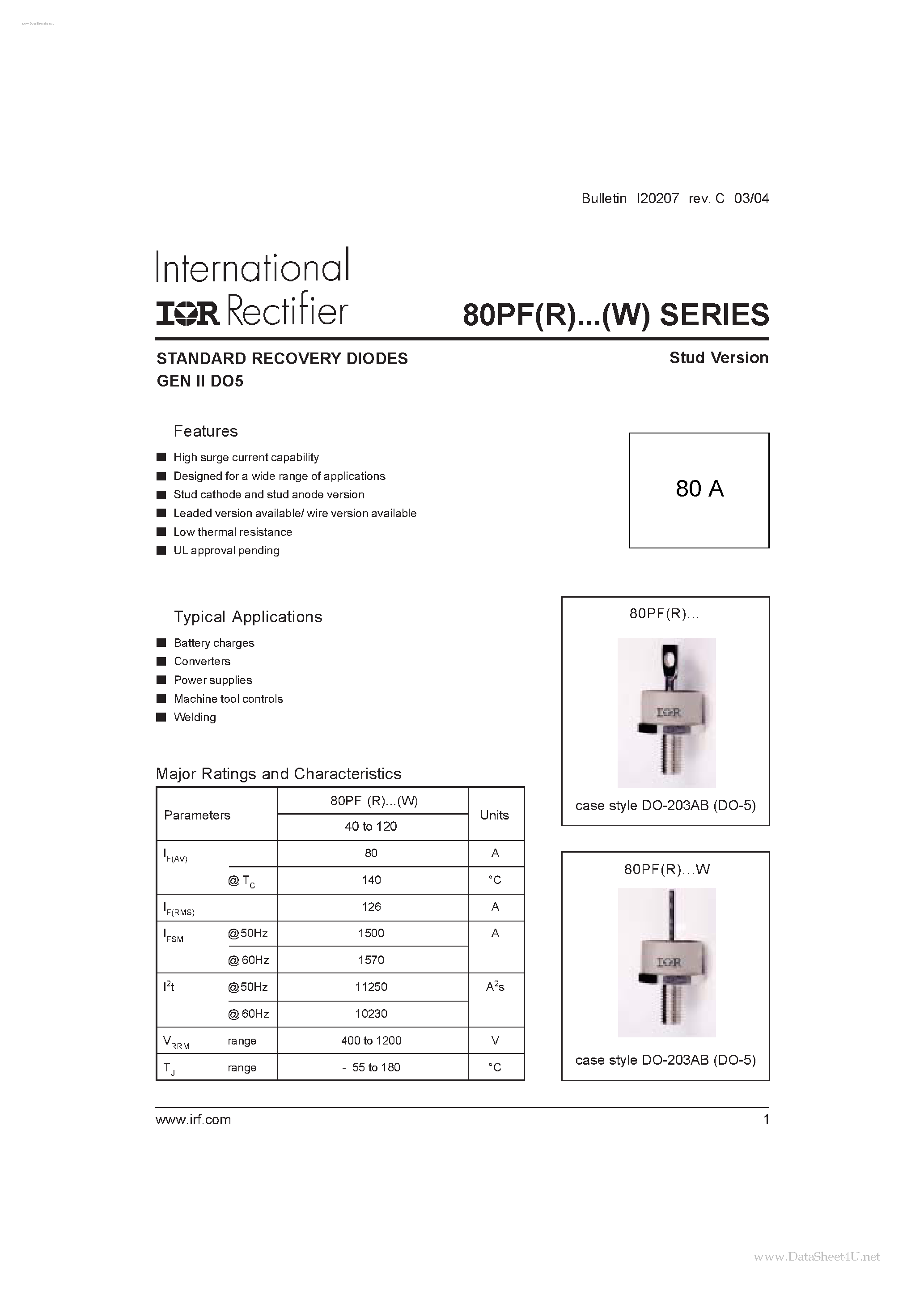 Даташит 82PFR80 - STANDARD RECOVERY DIODES страница 1