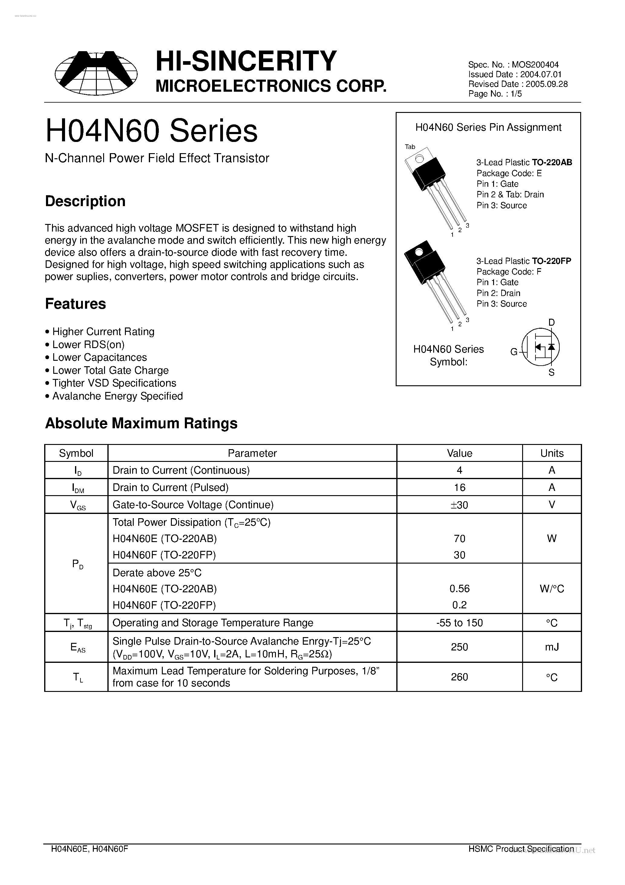 Datasheet H04N60 page 1 Datasheet H04N60 - N-Channel Power Field Effect Transistor page 1