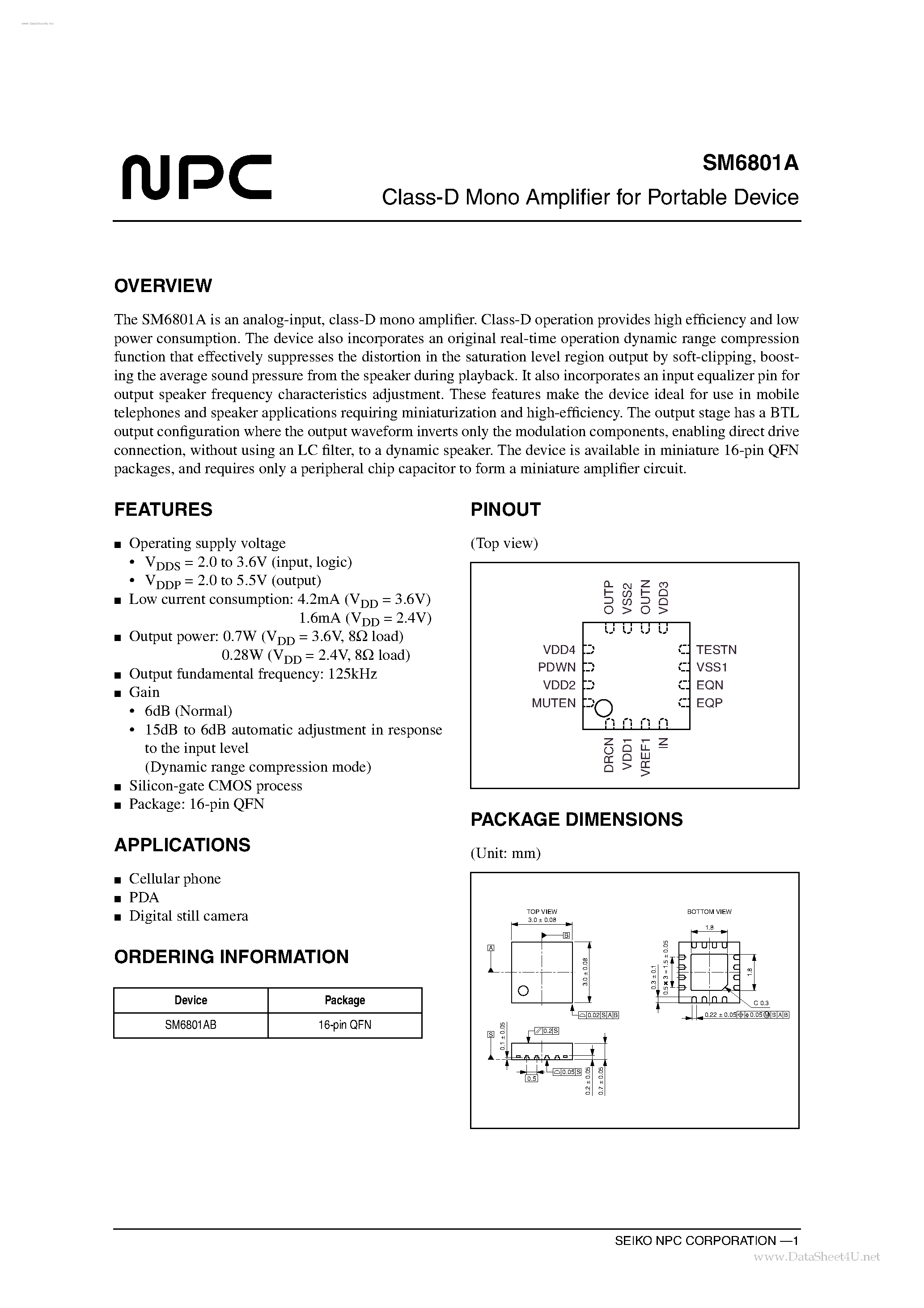 Datasheet SM6801A page 1 Datasheet SM6801A - Class-D Mono Amplifier page 1