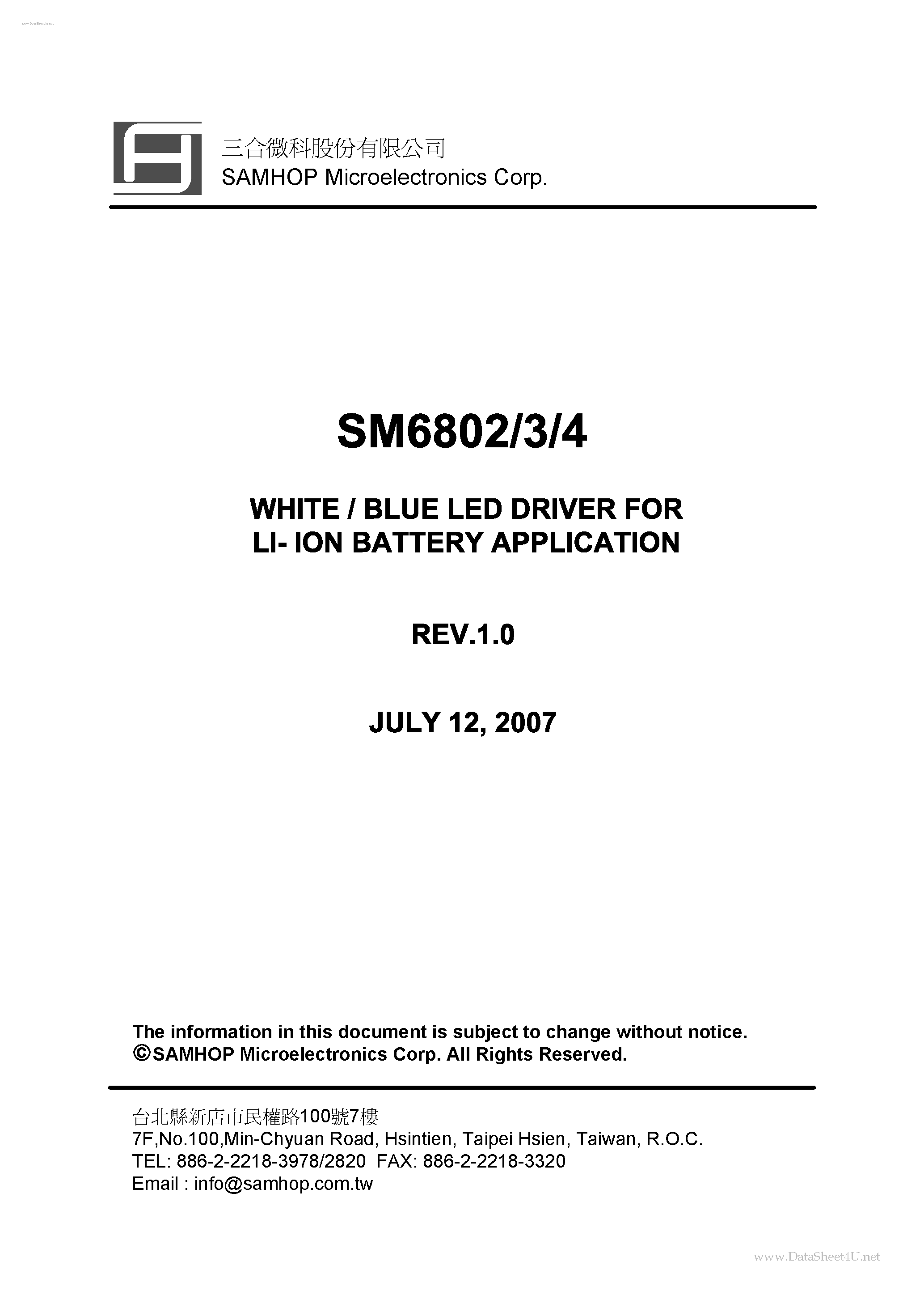 Datasheet SM6802 page 1 Datasheet SM6802 - (SM6802 - SM6804) WHITE / BLUE LED DRIVER page 1