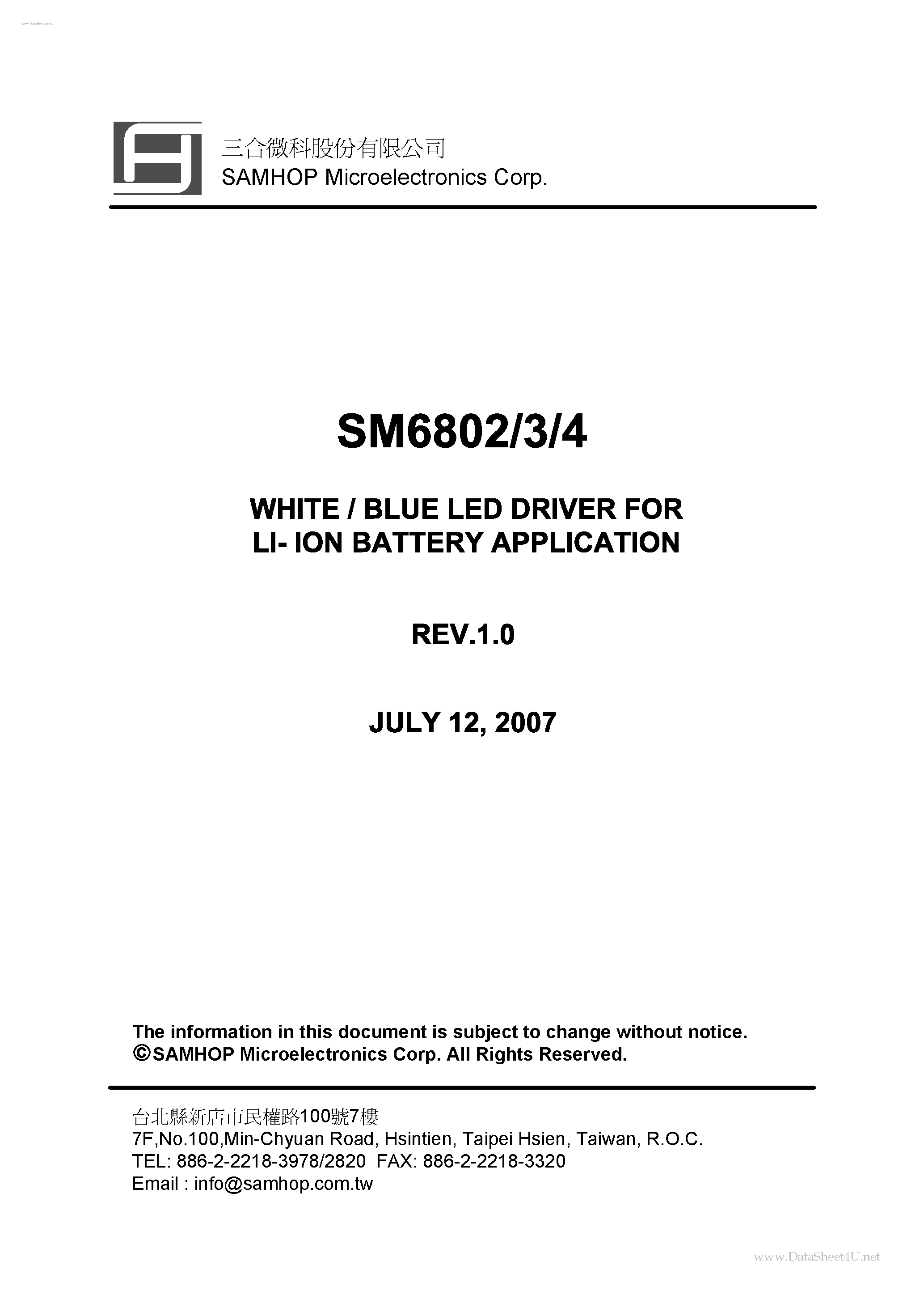 Datasheet SM6802 - (SM6802 - SM6804) WHITE / BLUE LED DRIVER page 1
