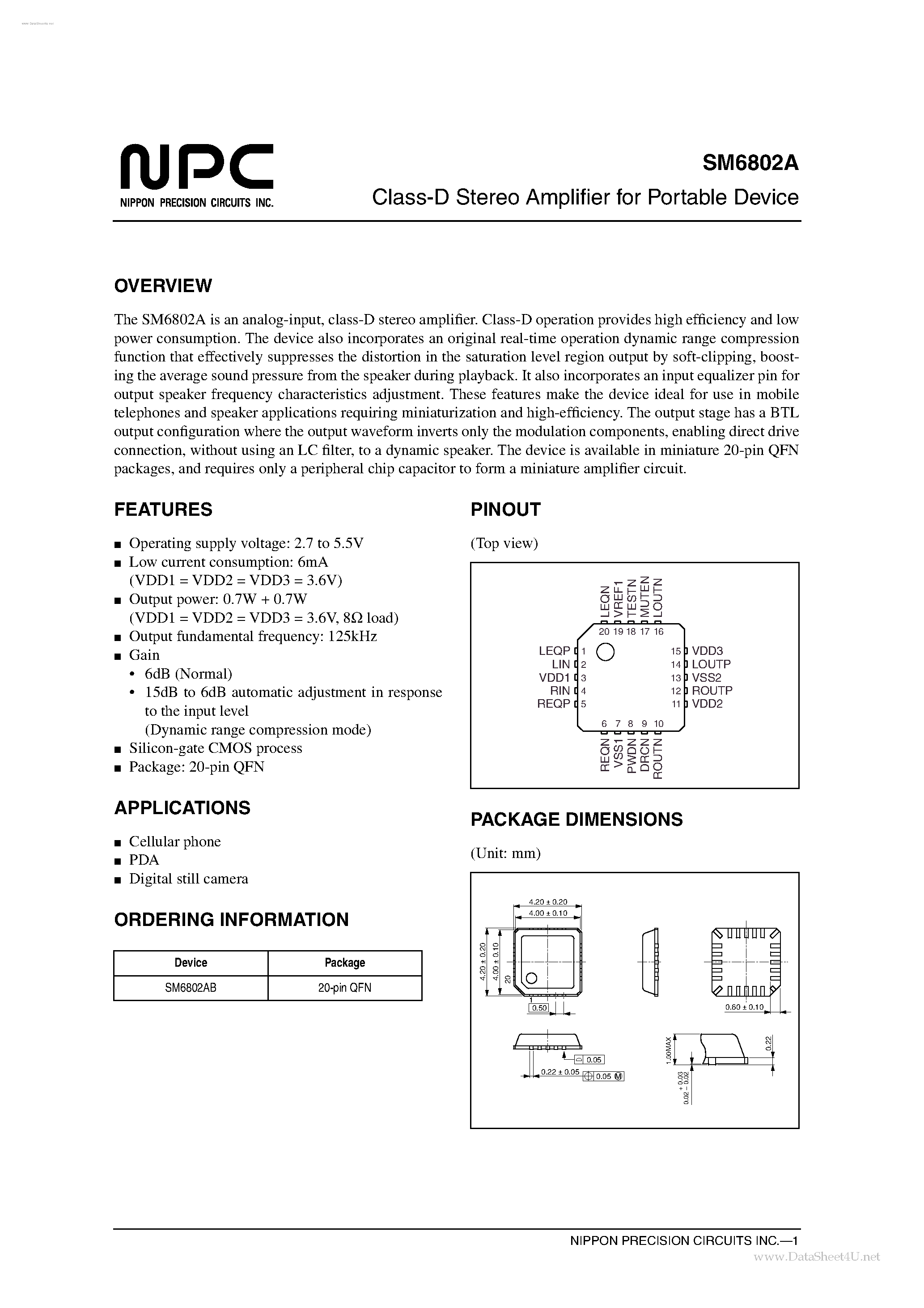 Datasheet SM6802A page 1 Datasheet SM6802A - Class-D Stereo Amplifier page 1