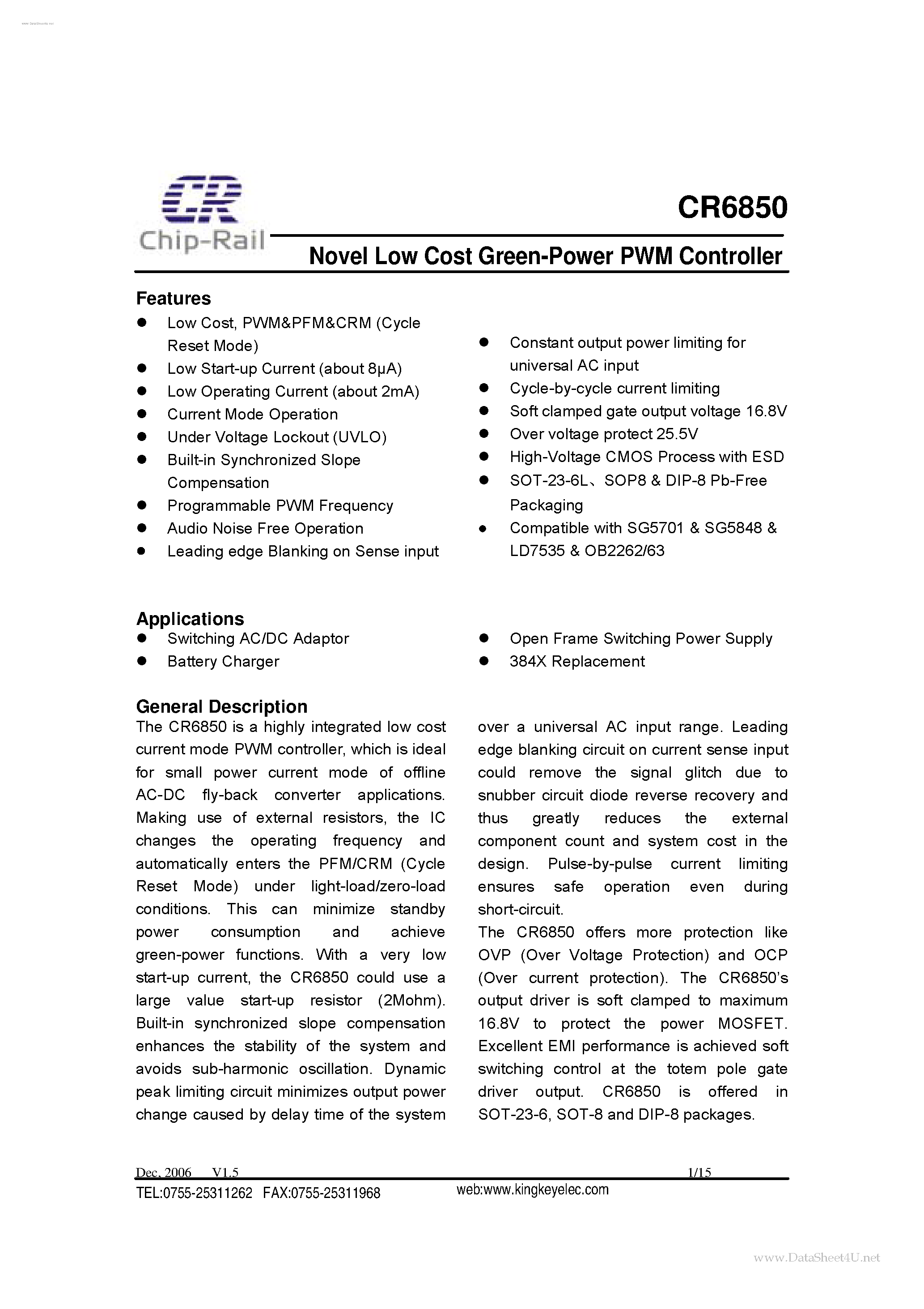 Даташит на микросхему CR6850 страница 1 Даташит CR6850 - Novel Low Cost Green-Power PWM Controller страница 1