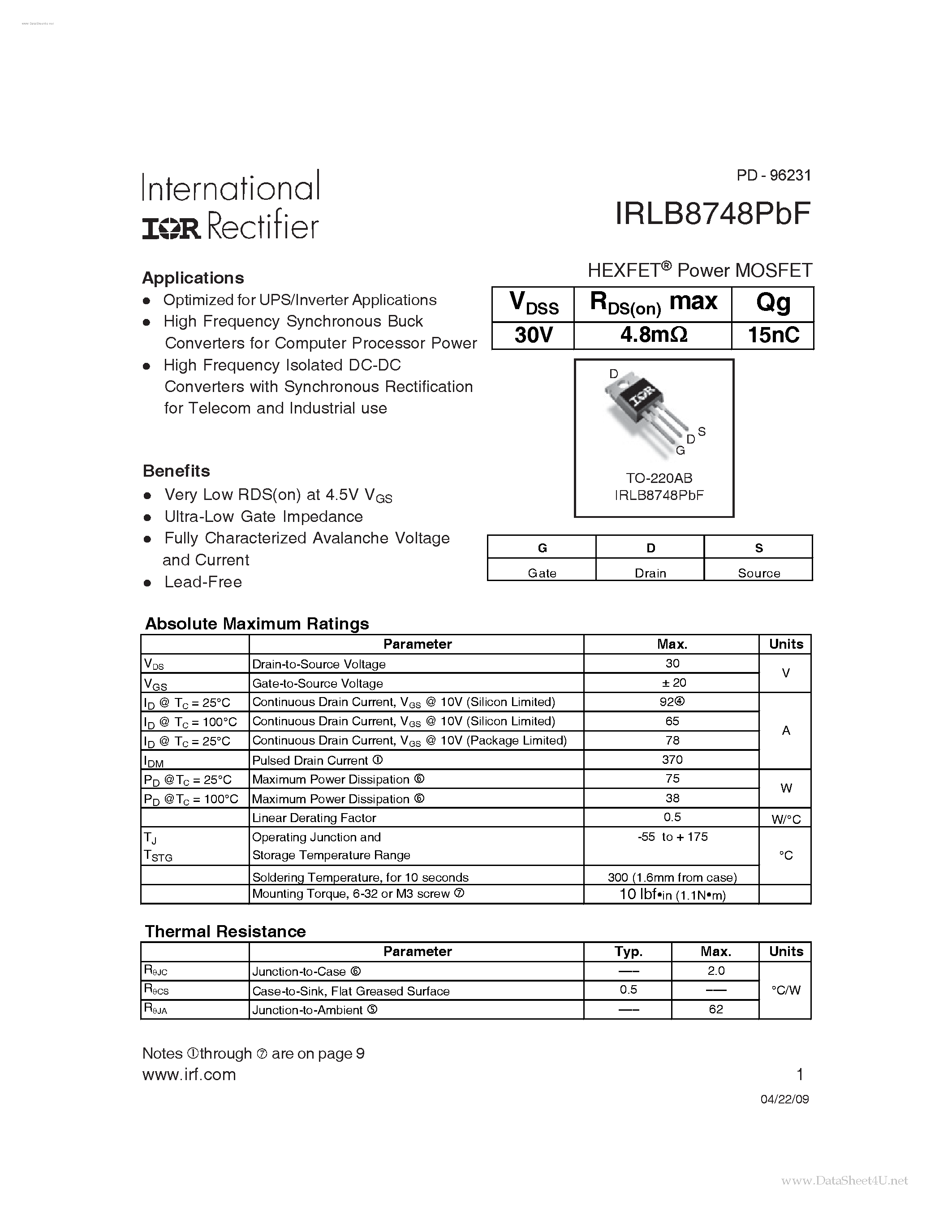 Datasheet IRLB8748PBF page 1 Datasheet IRLB8748PBF - HEXFET Power MOSFET page 1