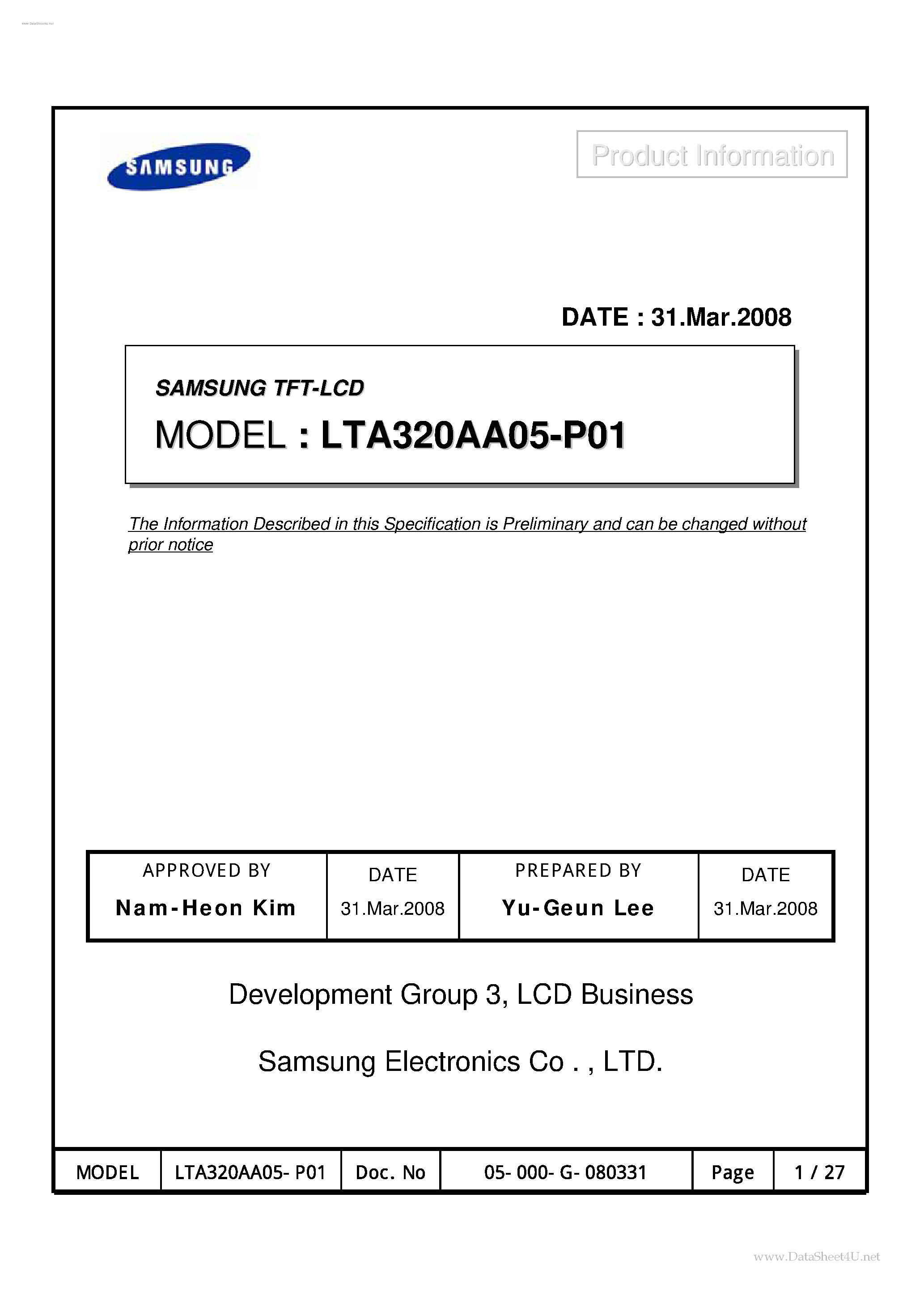 Datasheet LTA320AA05-P01 page 1 Datasheet LTA320AA05-P01 - LCD Module page 1