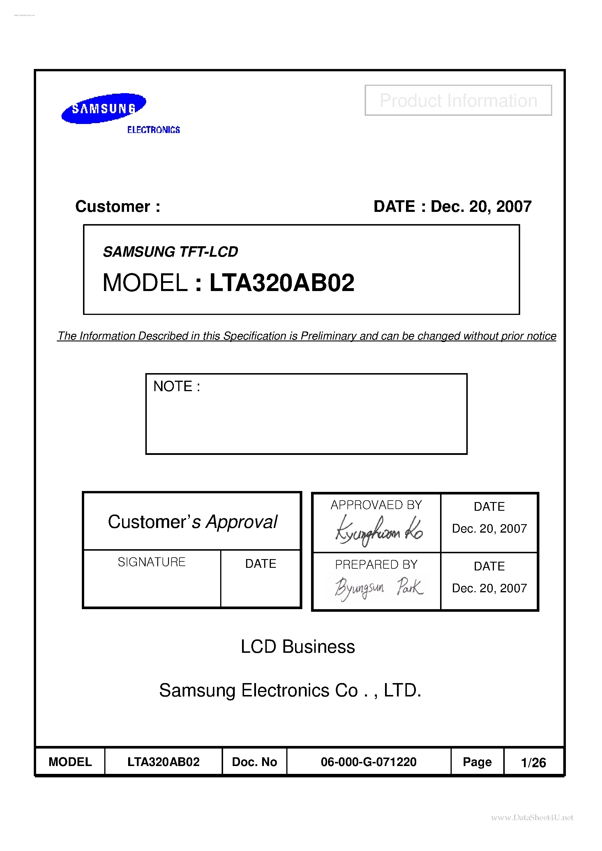 Datasheet LTA320AB02 page 1 Datasheet LTA320AB02 - LCD Module page 1