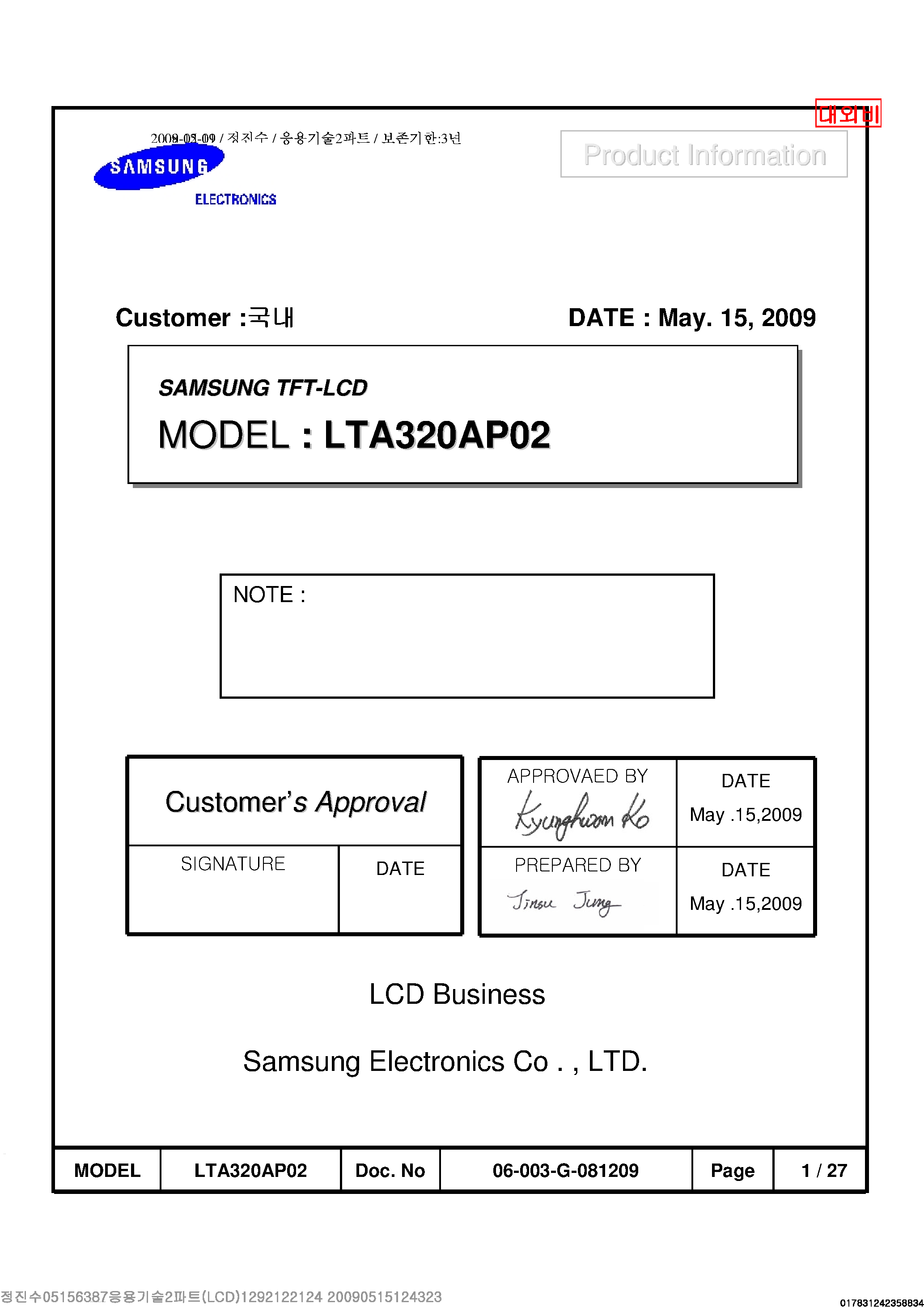 Datasheet LTA320AP02 page 1 Datasheet LTA320AP02 - LCD Module page 1