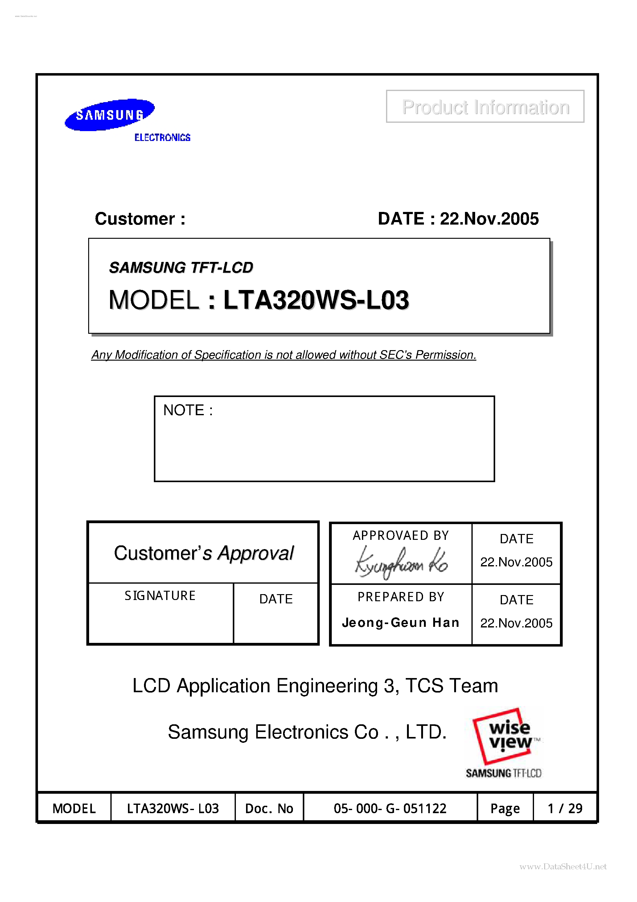 Datasheet LTA320WS-L03 page 1 Datasheet LTA320WS-L03 - LCD Module page 1