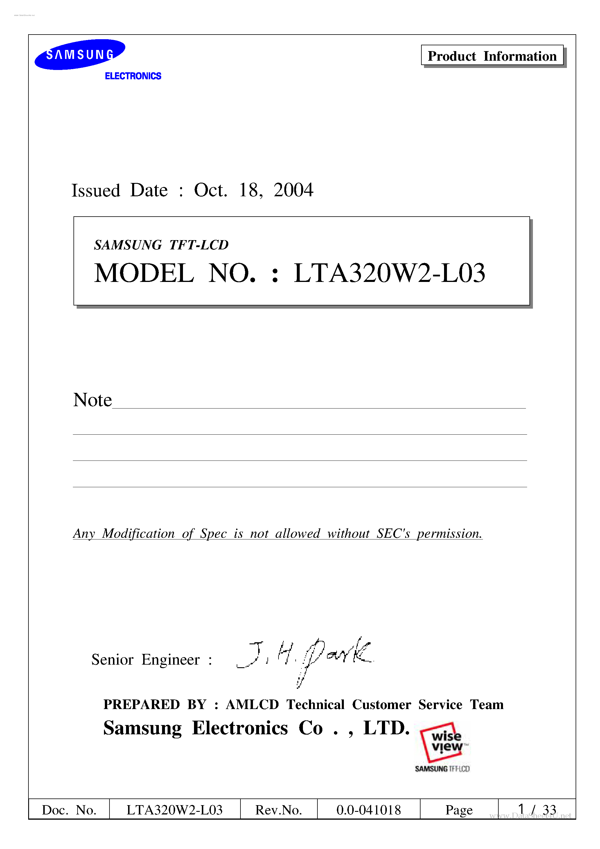 Datasheet LTA320W2-L03 page 1 Datasheet LTA320W2-L03 - LCD Module page 1